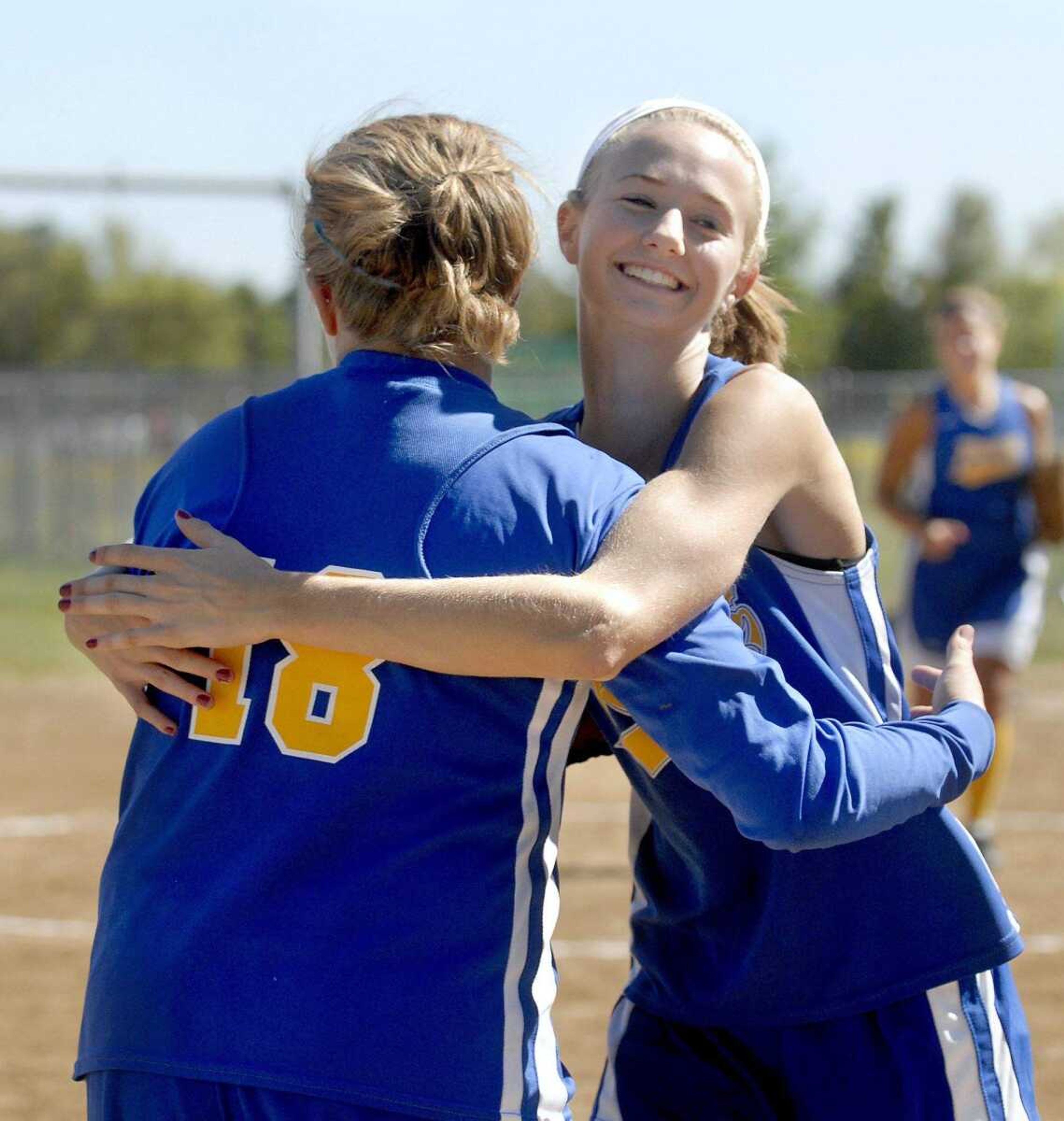 ELIZABETH DODD ~ edodd@semissourian.com
Scott City's Ashley Brant, left hugs teammate Melanie Lacey after Scott City defeated St. Pius 2-0 in the District Tournament at Kelly Thursday.