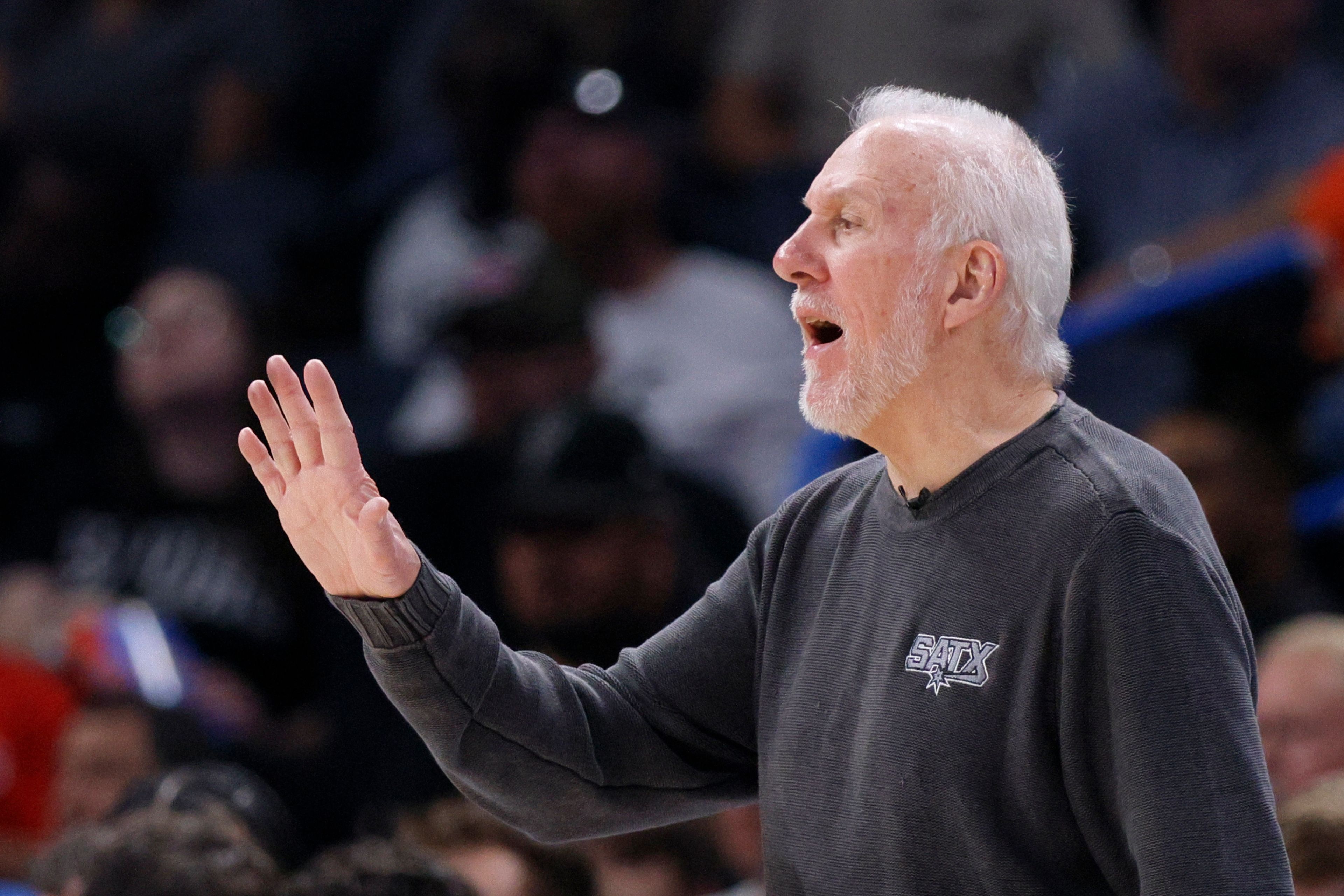 San Antonio Spurs coach Gregg Popovich gives instructions to his players during the second half of an NBA basketball game against the Oklahoma City Thunder, Wednesday, Oct. 30, 2024, in Oklahoma City. (AP Photo/Nate Billings)