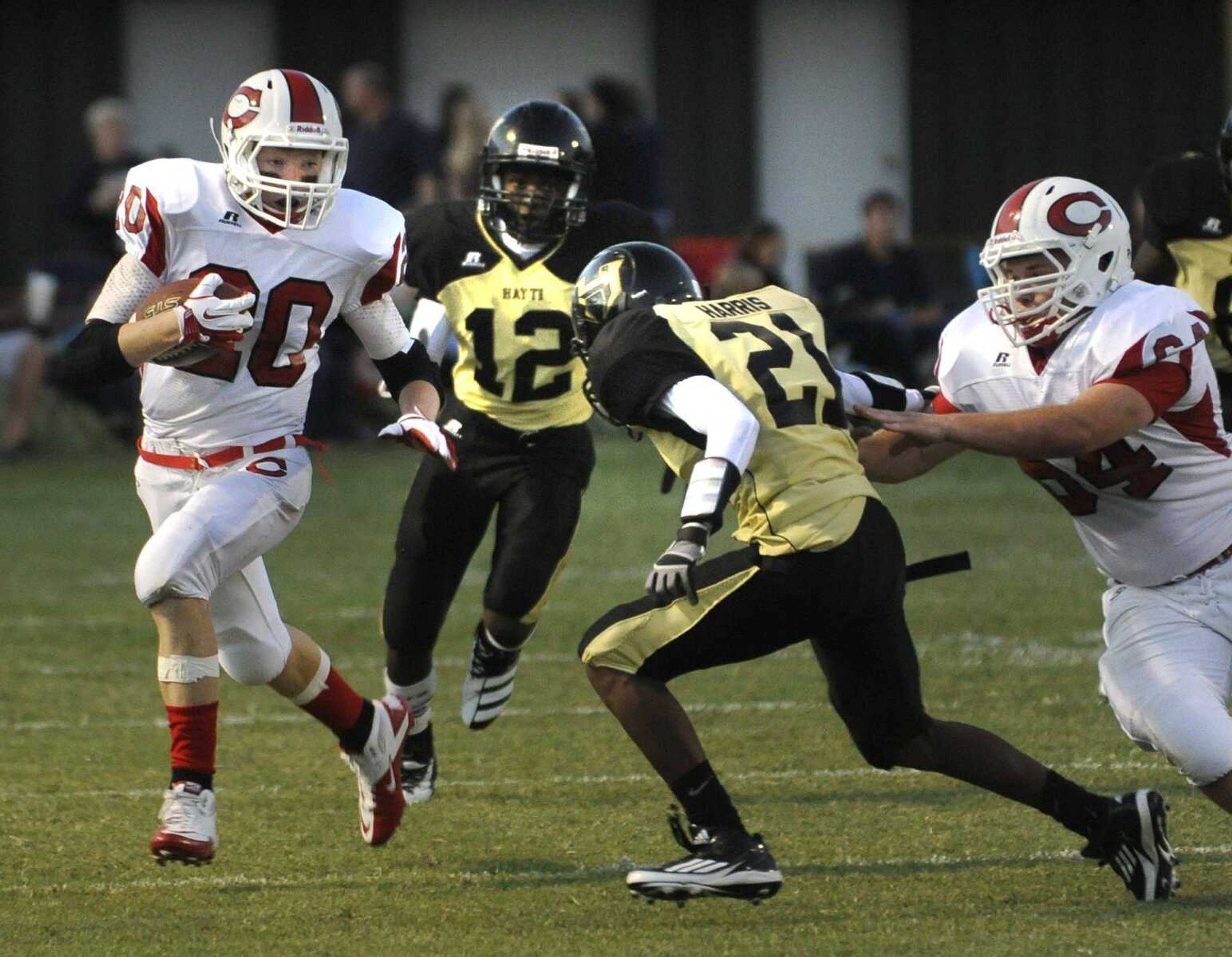 Chaffee&#8217;s Charlie Montgomery carries the ball against Hayti during a game last season. Montgomery led the team in receiving as a sophomore. The junior also is the Red Devils&#8217; top returning rusher. (Southeast Missourian file)