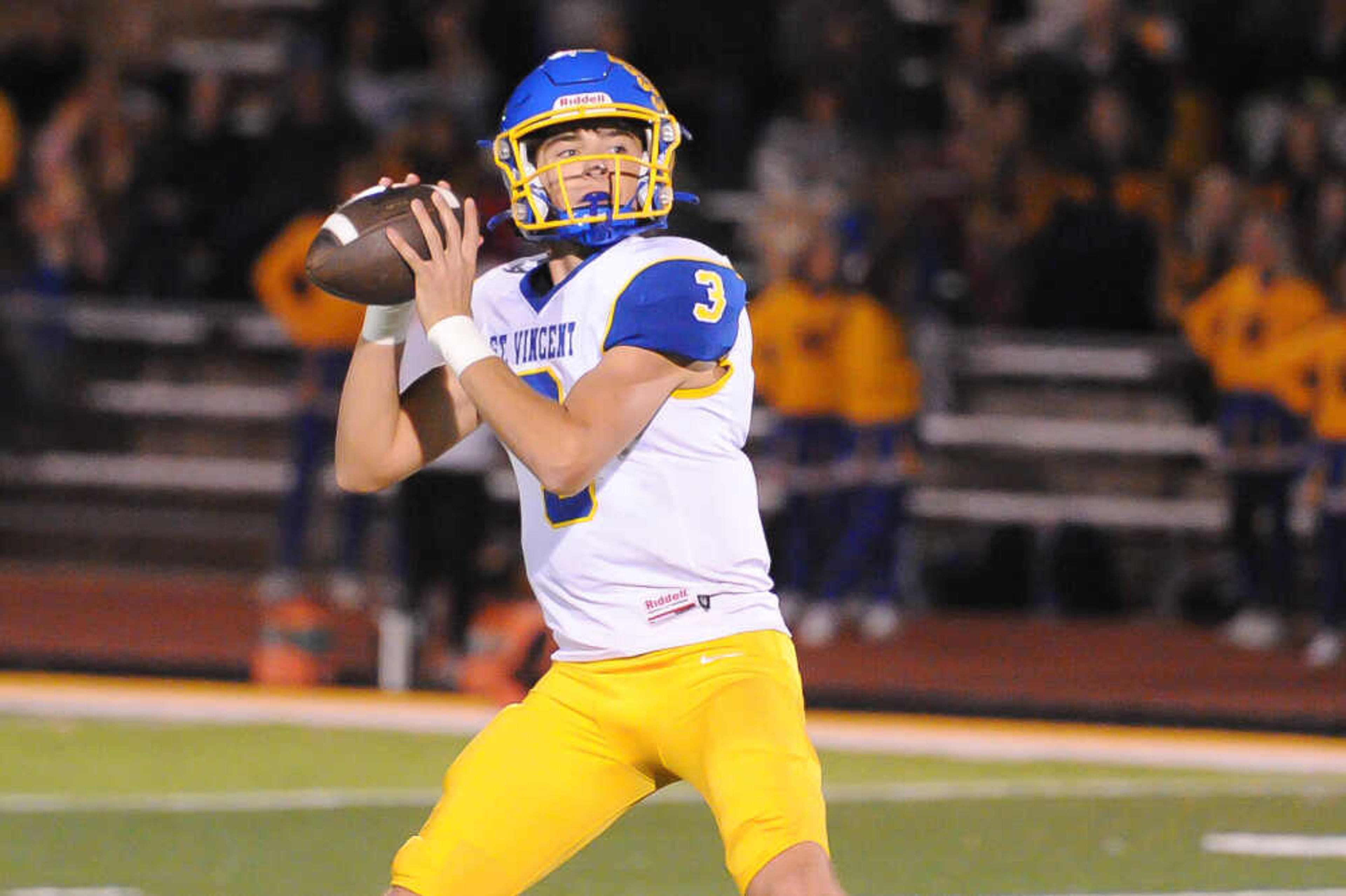 St. Vincent’s Nick Buchheit winds up deep during a game between the Grandview Eagles and the St. Vincent Indians on Friday, Oct. 18, at Grandview High School in Hillsboro.