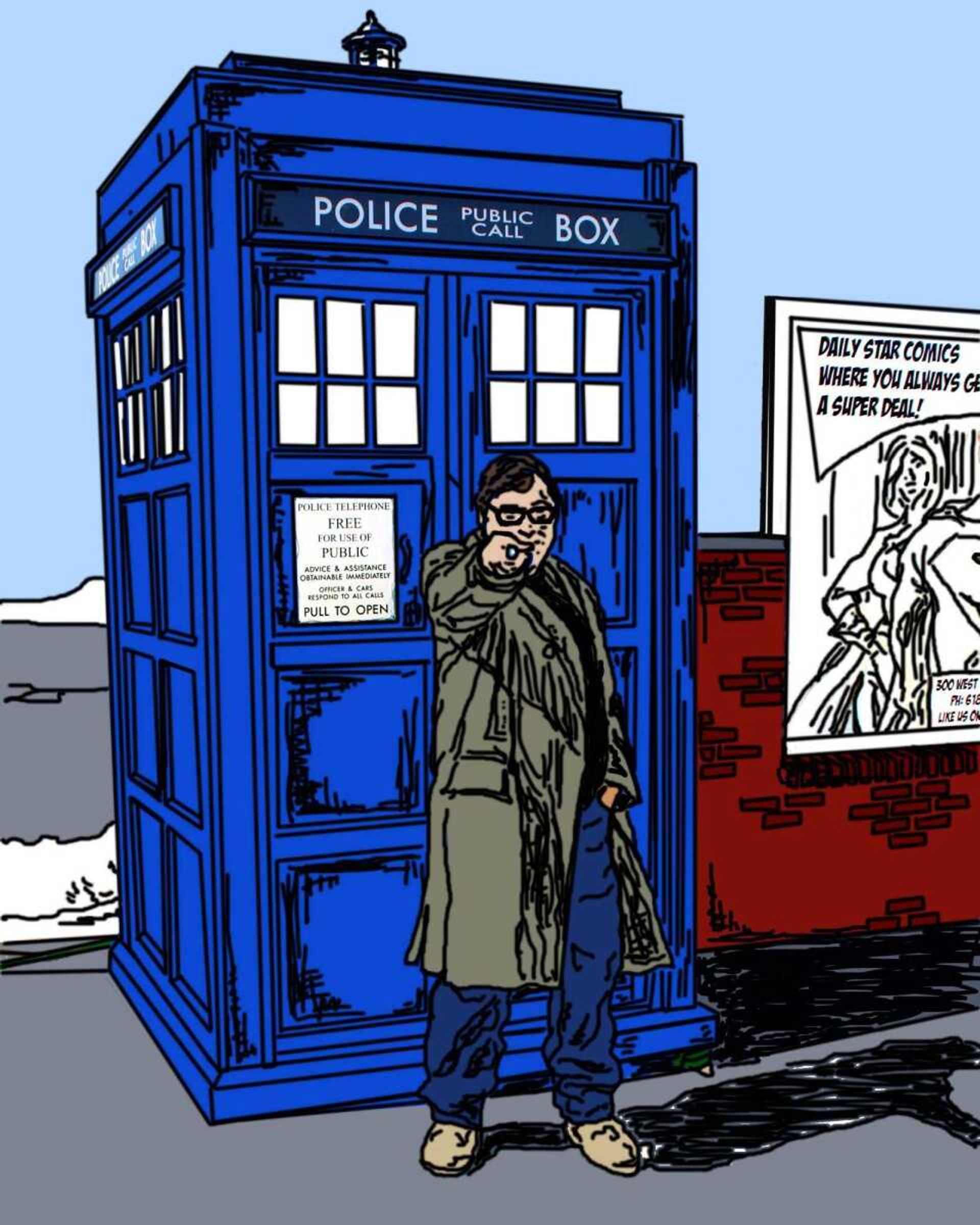 Will Bruhn outside his TARDIS in Metropolis, Ill.