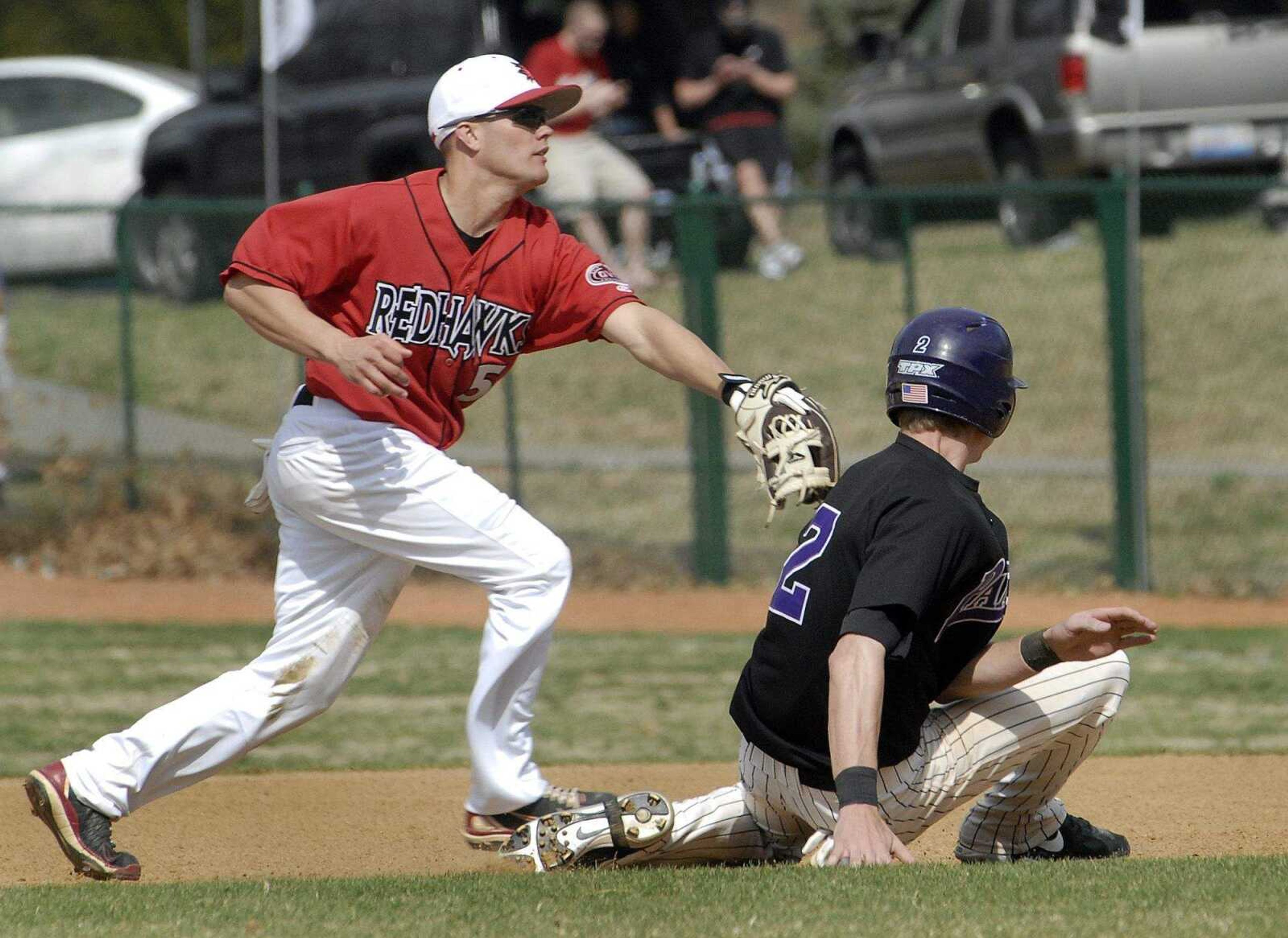 FRED LYNCH ~ flynch@semissourian.com
Southeast Missouri State's second baseman Tony Spencer tags out Northern Iowa's Cory Ege on a rundown during the fourth inning of the first game against Northern Iowa Saturday at Capaha Field.