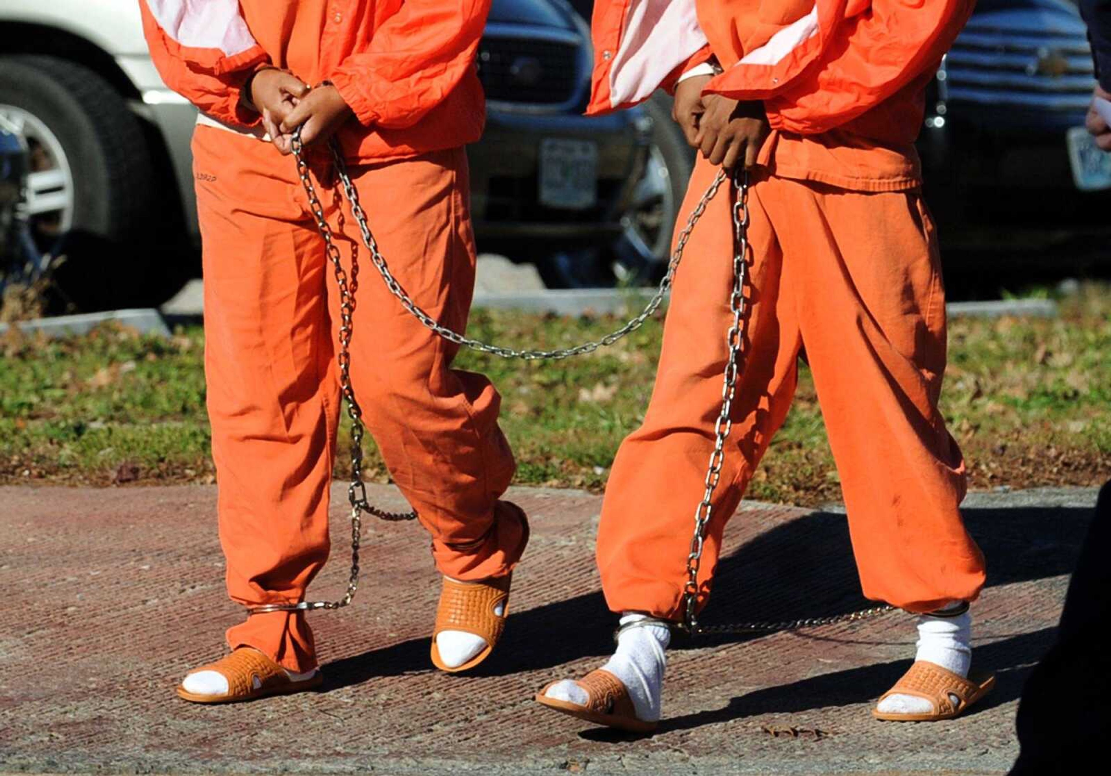 Inmates are escorted from the Cape Girardeau County Jail to the courthouse in Jackson. (Laura Simon)