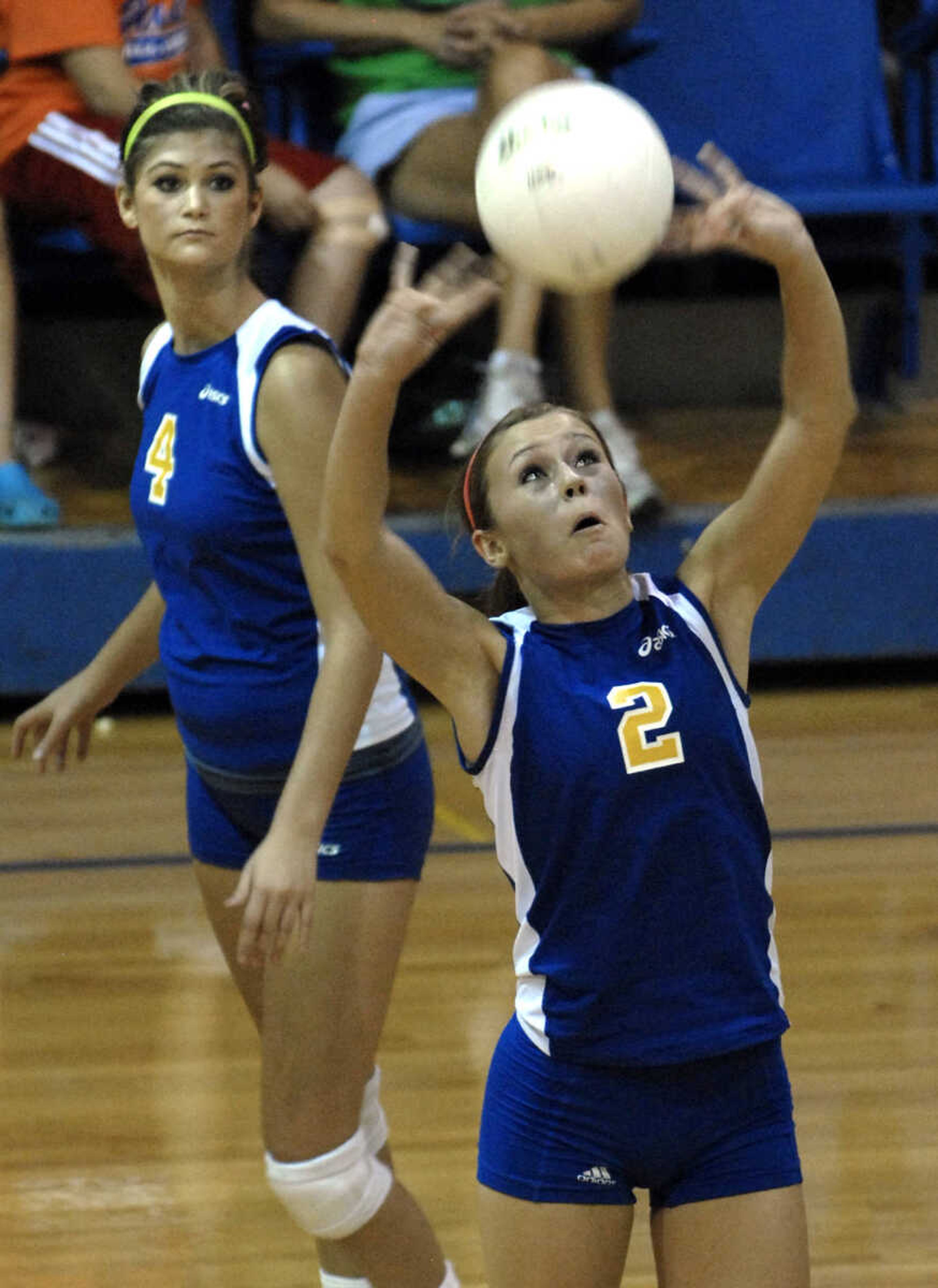 FRED LYNCH ~ flynch@semissourian.com
Scott City's Katie Diebold sets the ball as Danielle Gibbons looks on during the second game against Notre Dame Wednesday at Scott City.