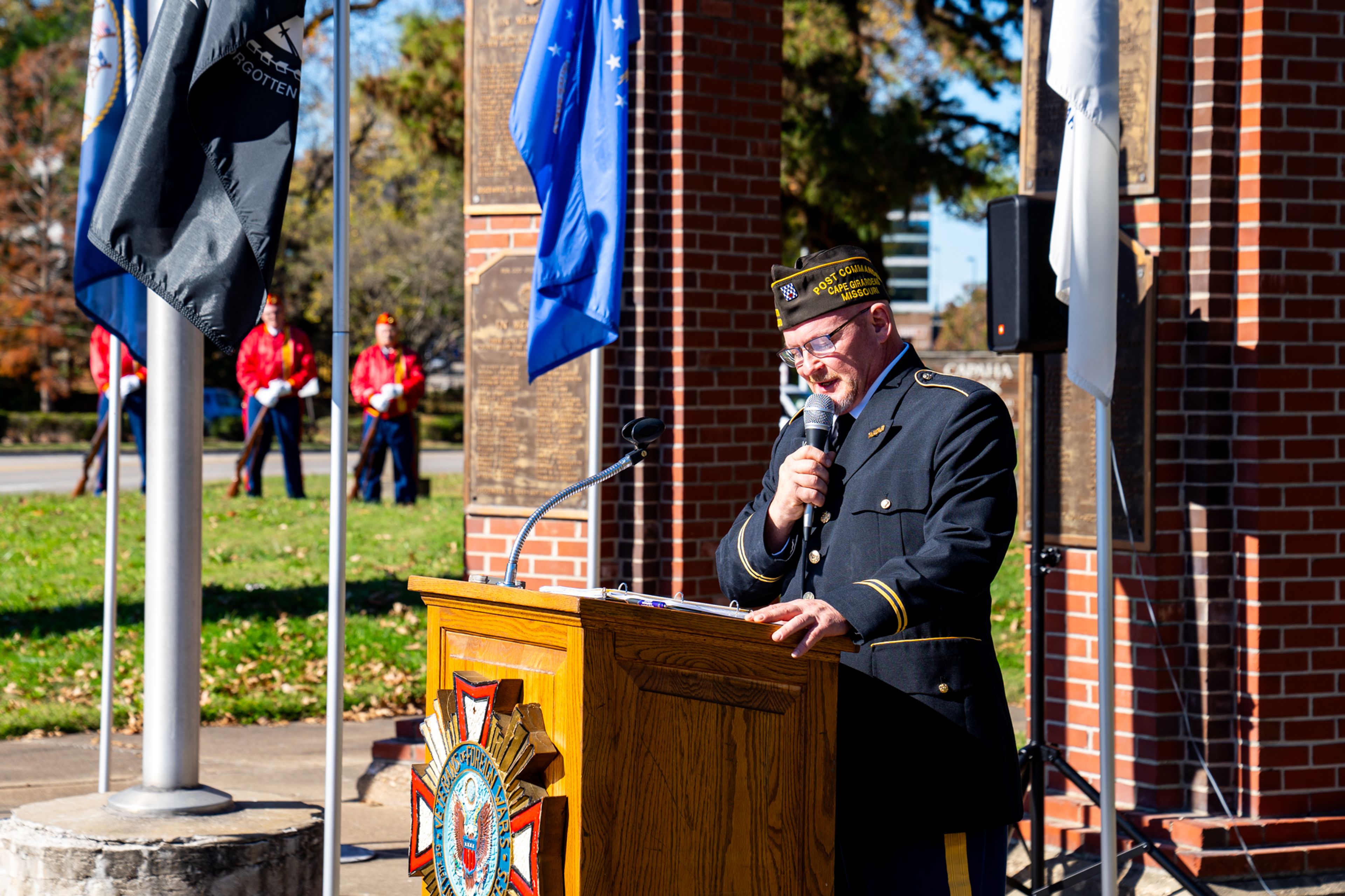 VFW Post 3838 commander Scott Smith speaks at the event before the wreath of remembrance is presented in front of Capaha Park on Monday, Nov. 11.