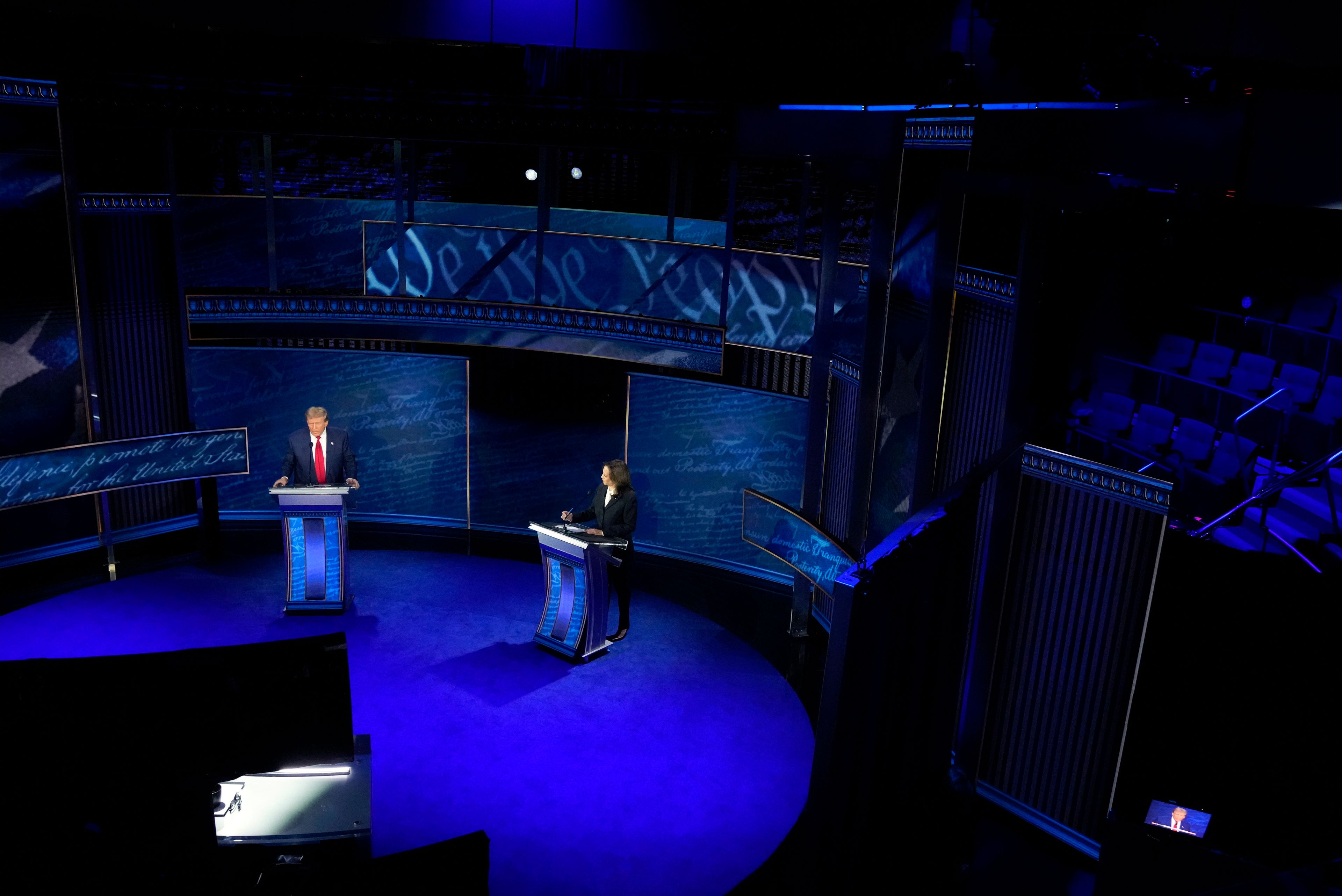 Republican presidential nominee former President Donald Trump and Democratic presidential nominee Vice President Kamala Harris participate during an ABC News presidential debate at the National Constitution Center, Tuesday, Sept.10, 2024, in Philadelphia. (AP Photo/Alex Brandon)