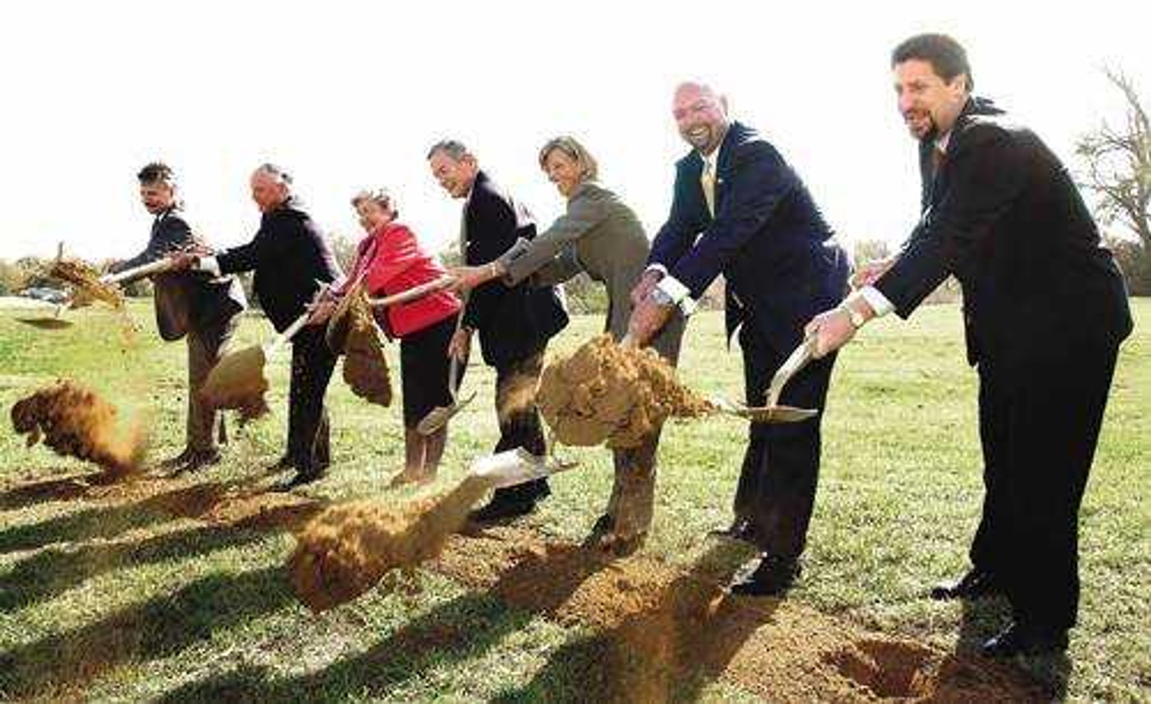 A groundbreaking ceremony was held Monday for the new federal courthouse in Cape Girardeau. From left were Bradley M. Scott, regional administrator of the General Services Administration; federal judge Stephen N. Limbaugh Sr.; Freda Wangelin, widow of federal judge Kenneth Wangelin; U.S. Sen. Kit Bond; U.S. Rep. Jo Ann Emerson; Cape Girardeau Mayor Jay Knudtson; and John Mehner, president and CEO of the Cape Girardeau Chamber of Commerce.