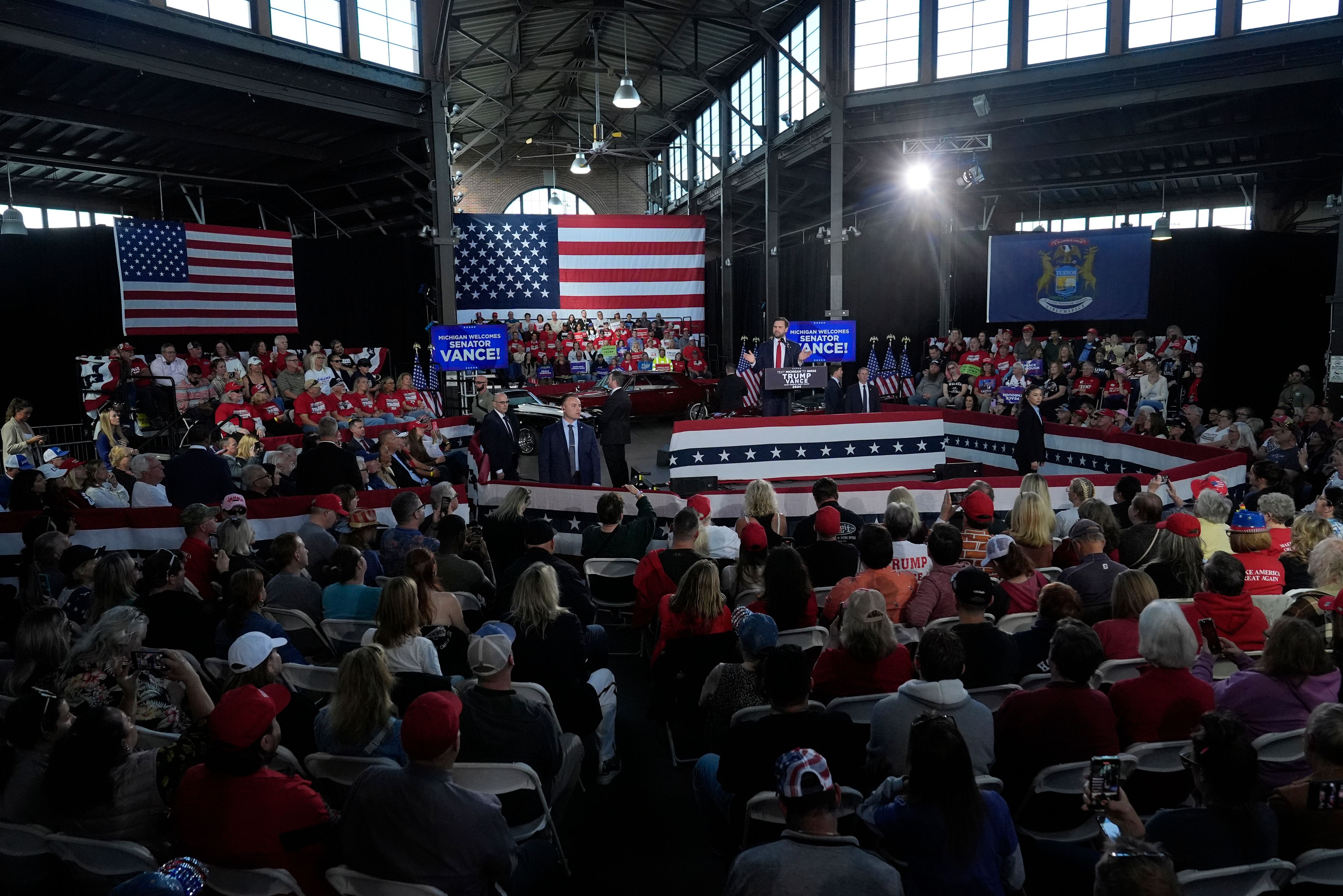 Republican vice presidential nominee Sen. JD Vance, R-Ohio speaks at a campaign event at Eastern Market Tuesday, Oct. 8, 2024, in Detroit. (AP Photo/Paul Sancya)