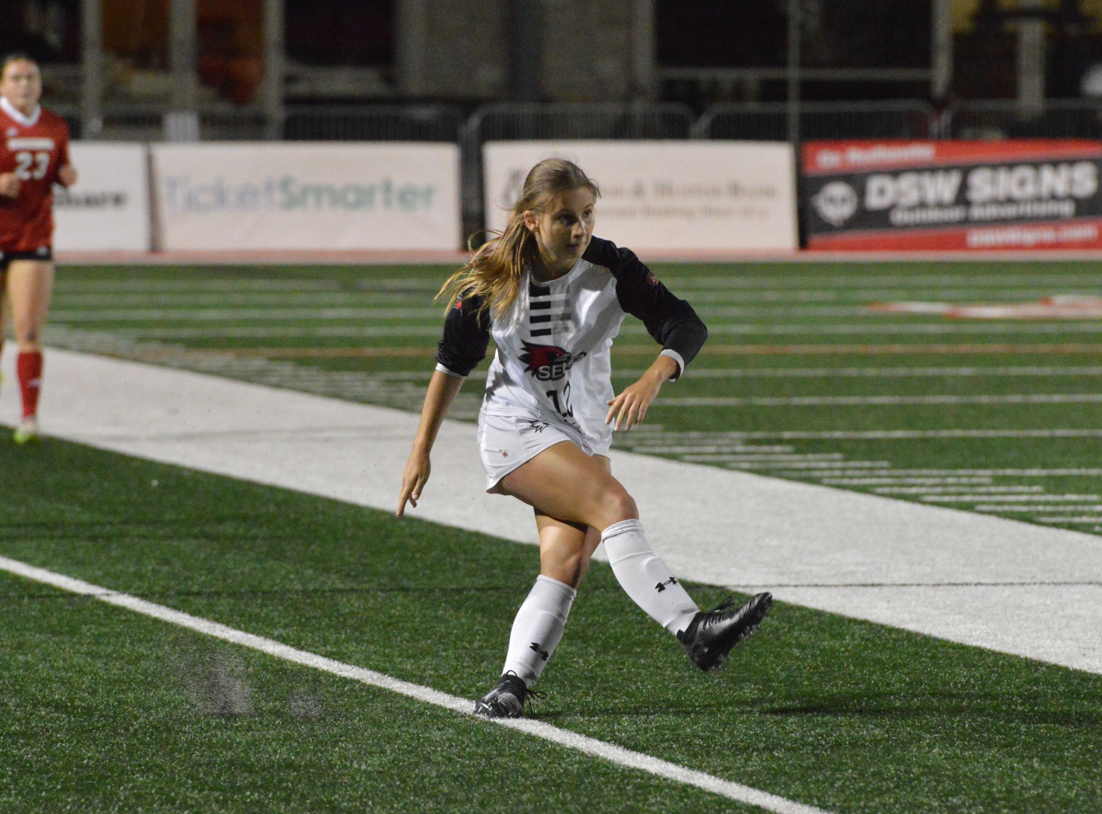 SEMO midfielder Justi Nelson controls sends the ball downfield against SIUE on Thursday, Oct. 17.