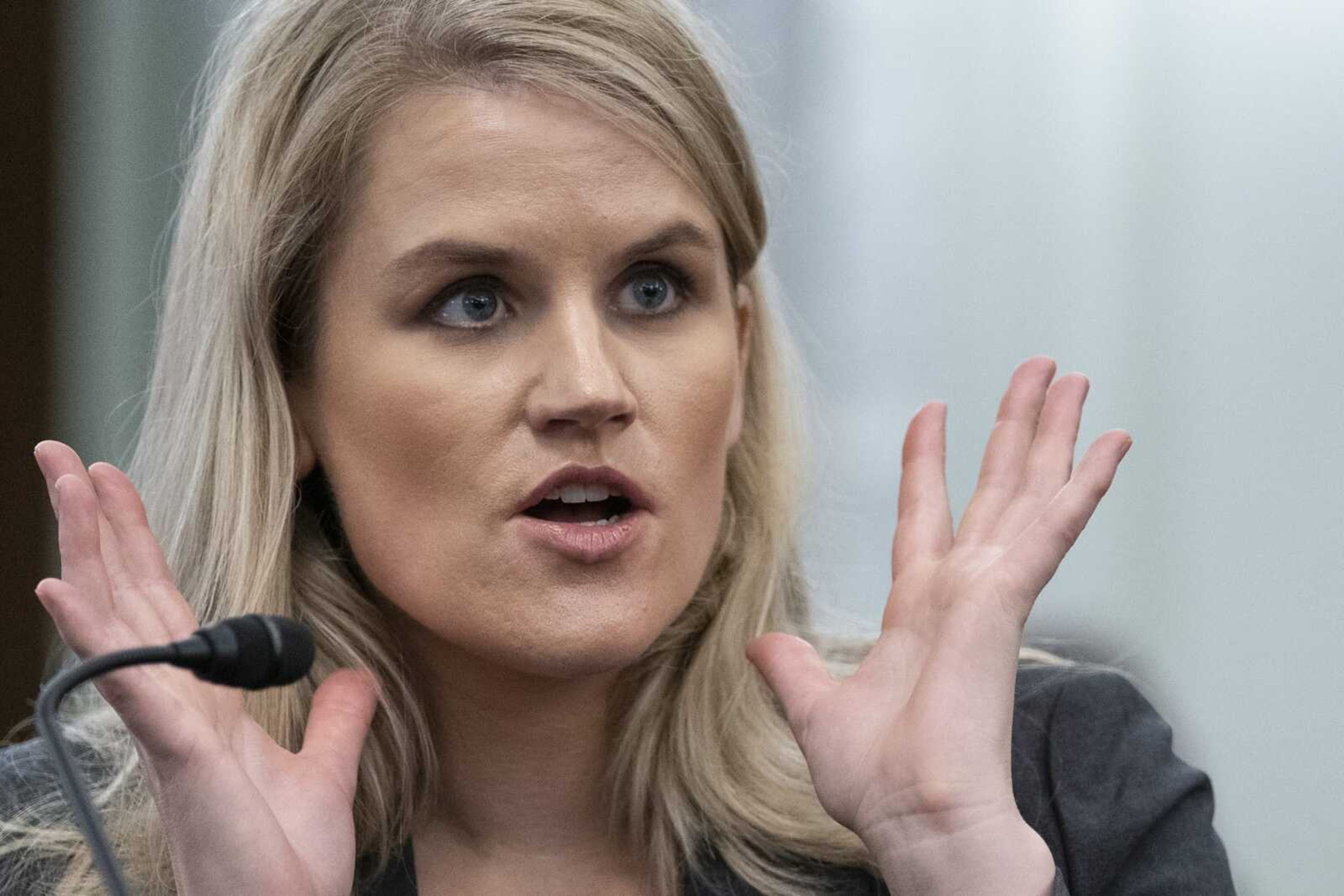 Former Facebook employee Frances Haugen speaks during a hearing of the Senate Commerce, Science, and Transportation Subcommittee on Consumer Protection, Product Safety, and Data Security, on Tuesday on Capitol Hill in Washington.