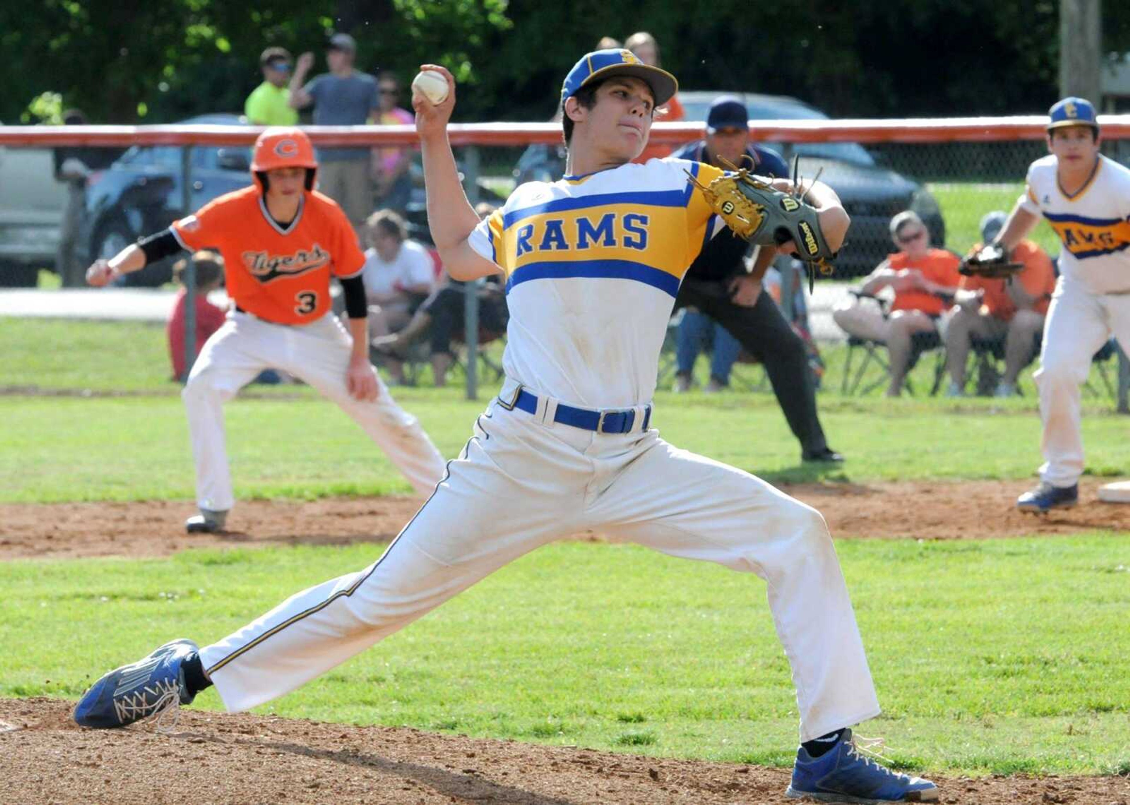 Scott City pitcher Jordan Kluesner delivers to home as Clearwater's Tanner Wilkins (3) takes a secondary lead and Scott City first baseman Dakota Talley watches during the MSHSAA Class 3 quarterfinals on Wednesday in Piedmont.