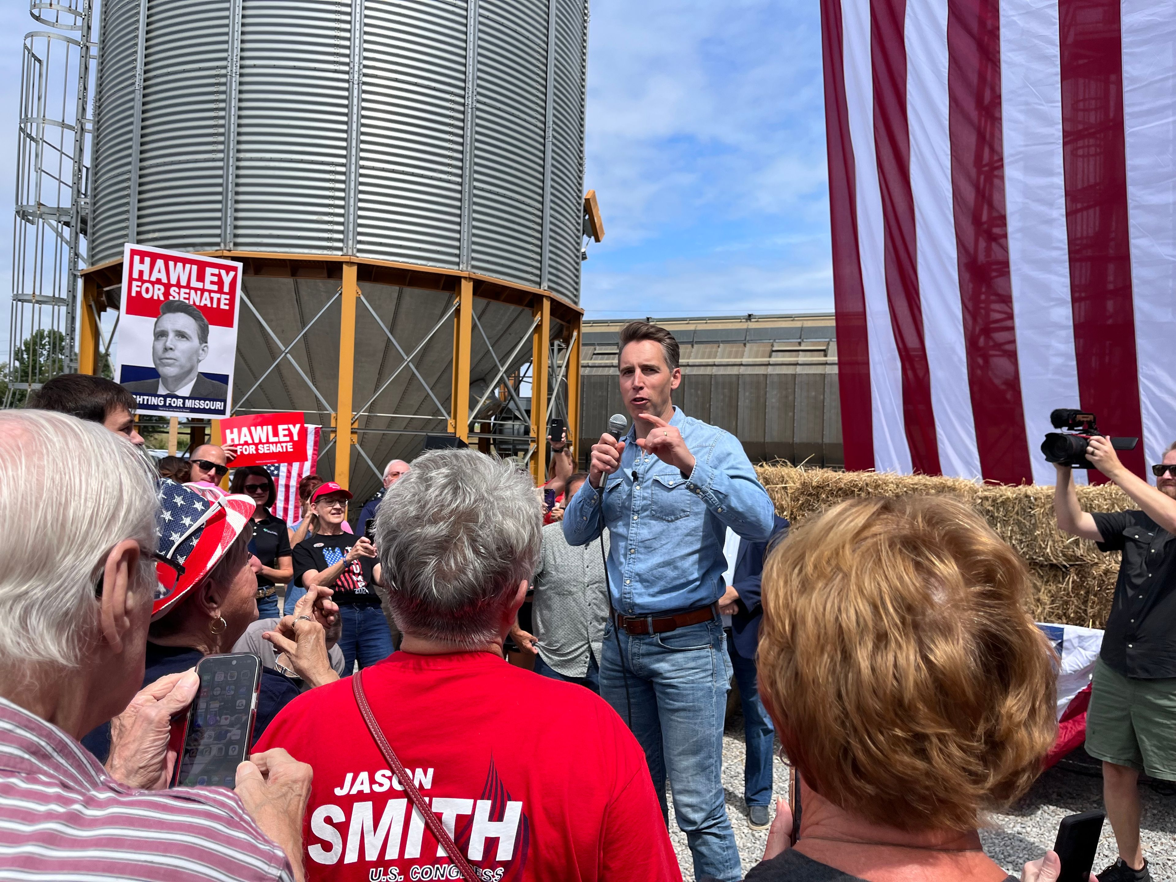 U.S. Sen. Josh Hawley speaks to supporters during a campaign event Monday, Aug. 12, at Westrich Farms in Scott City. 