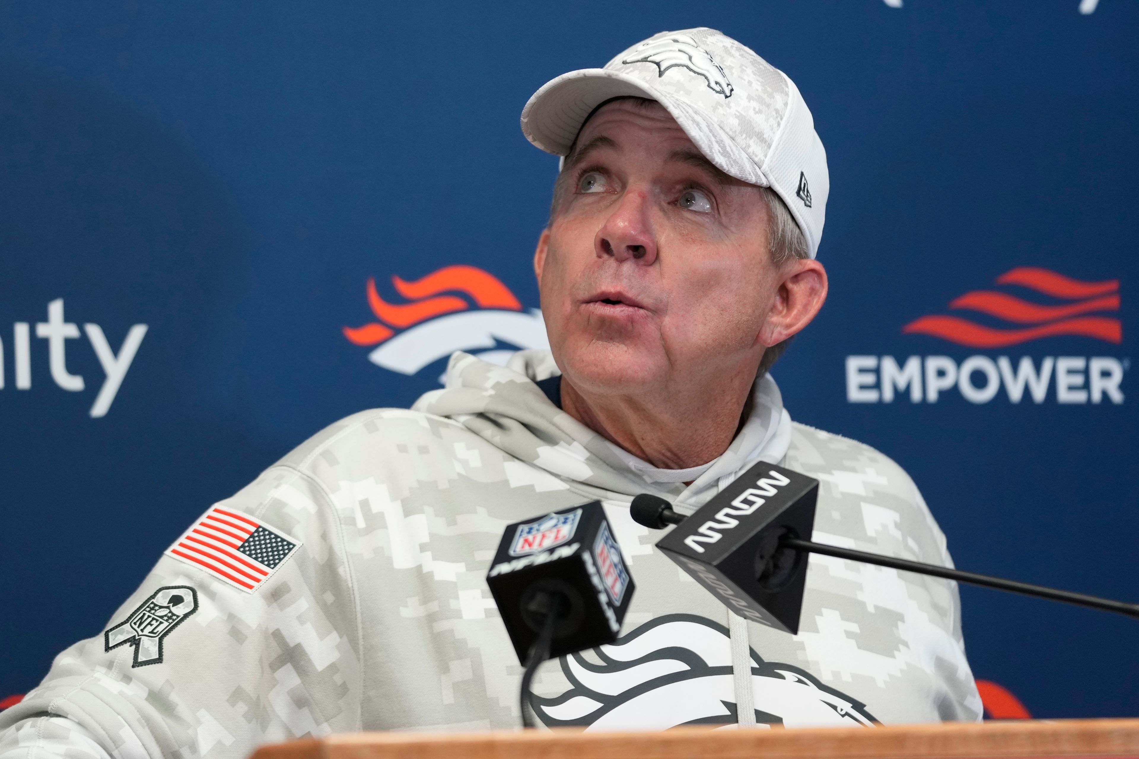 Denver Broncos head coach Sean Payton speaks during a news conference following an NFL football game against the Kansas City Chiefs Sunday, Nov. 10, 2024, in Kansas City, Mo. The Chiefs won 16-14. (AP Photo/Ed Zurga)