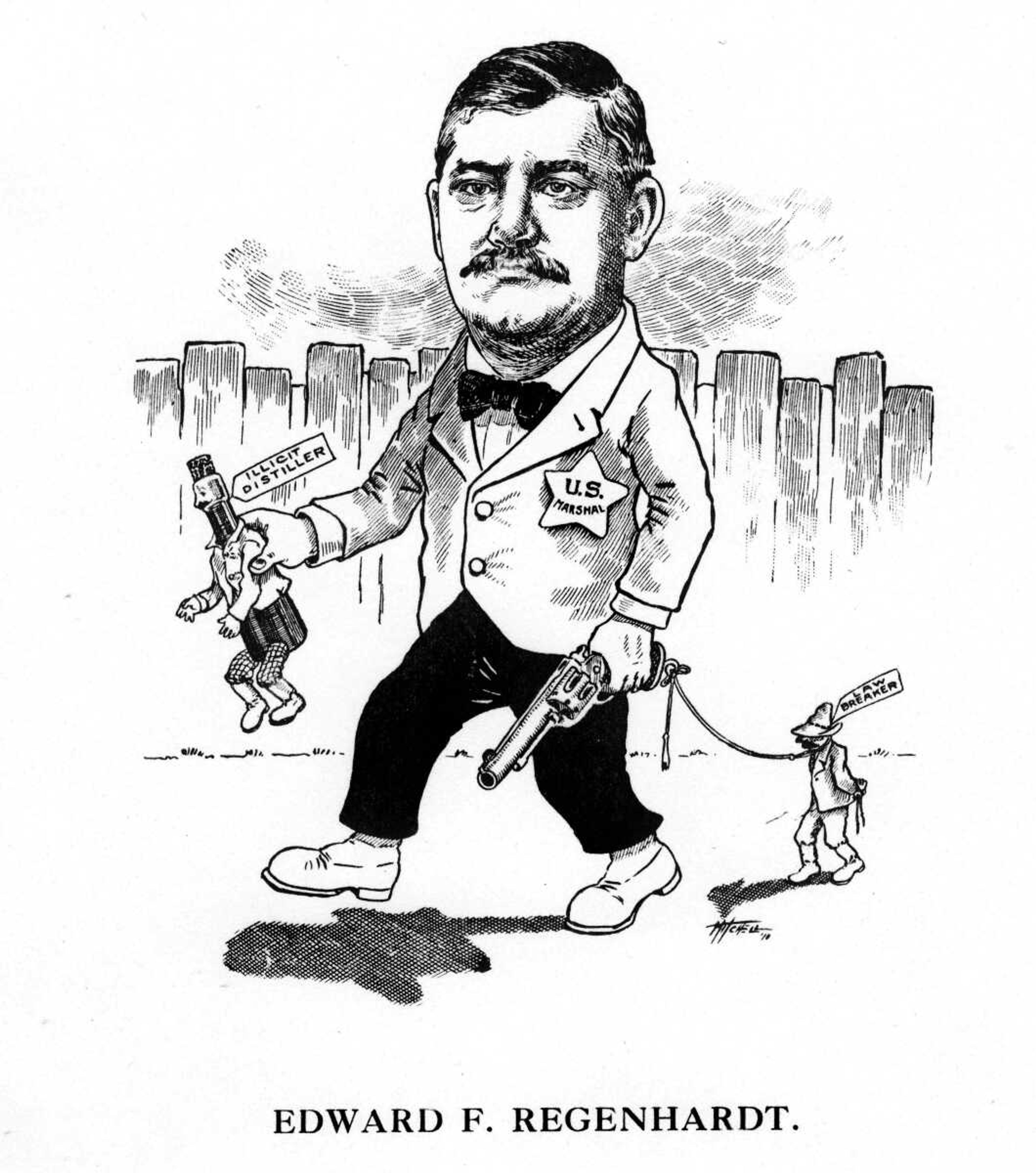 Cape Girardeau has its full share of distinctions. It was in this very neighborhood where the white settlers began the development of the vast territory west of the Mississippi and since that time many wonderful things have happened. When a citizen of Cape Girardeau announced a year or so ago that he wanted to be United States marshal for the eastern district of Missouri, most every fellow in town laughed at his nerve. There are only two such marshals in the entire state, and for a citizen of Cape Girardeau to ask for such a position was considered simply a big piece of nerve. But when the fellow said he wanted the place he meant it and went to work to get it. Fortunately he was personally acquainted with the president and so when the time for making the appointment came along President Taft told Senator Warner that Edward F. Regenhardt was the man for the place and the appointment was made. President Taft had been made acquainted with Mr. Regenhardt's way of doing things. When he sets his mind on a task he does it with all his might and the president realized that he would make a federal official who would be a credit to his administration. No man in Cape Girardeau has worked harder for the upbuilding of the city and no man says more nice things about the town than Big Ed Regenhardt.