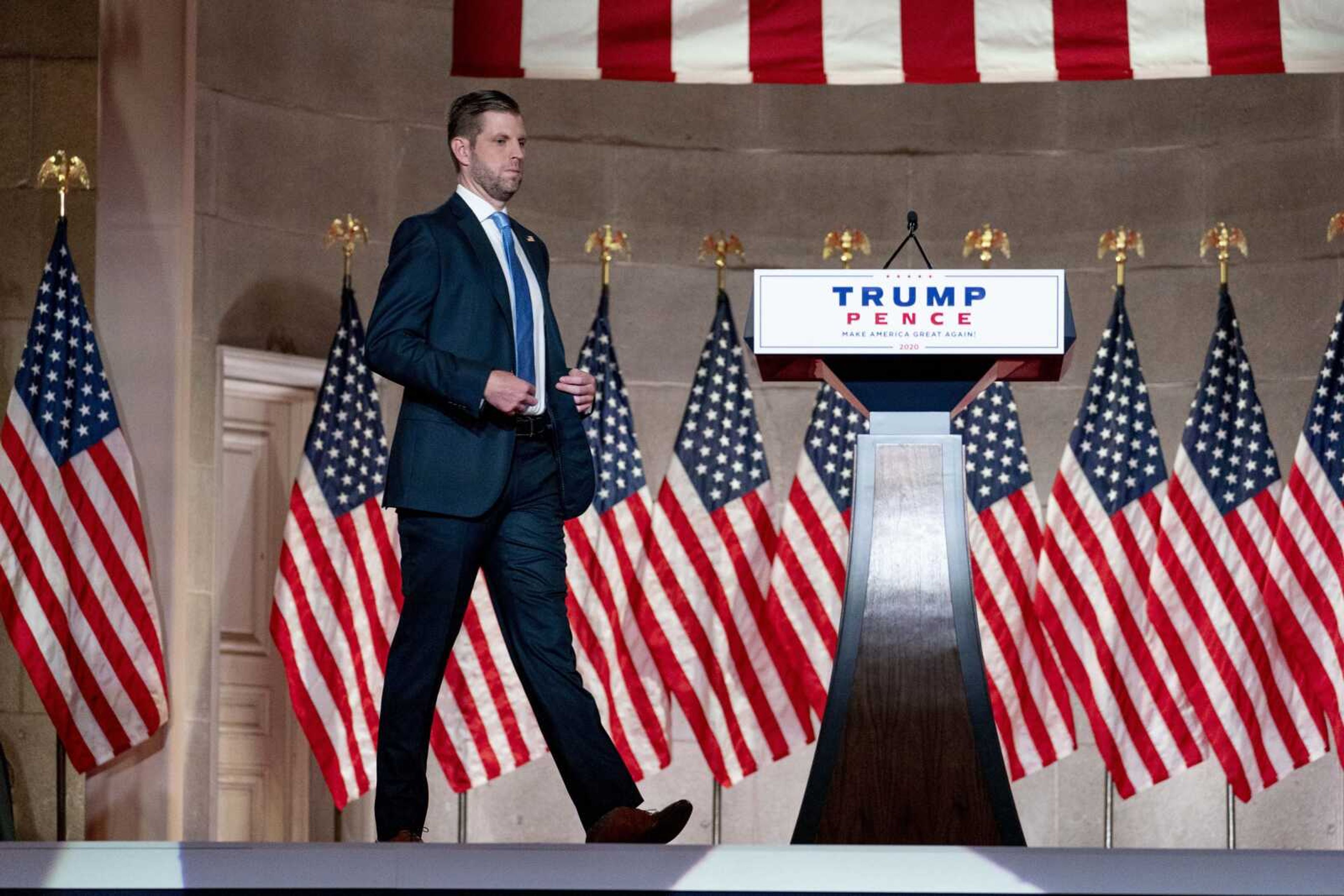 Eric Trump, the son of President Donald Trump, arrives to tape his speech for the second day of the Republican National Convention on Tuesday from the Andrew W. Mellon Auditorium in Washington.