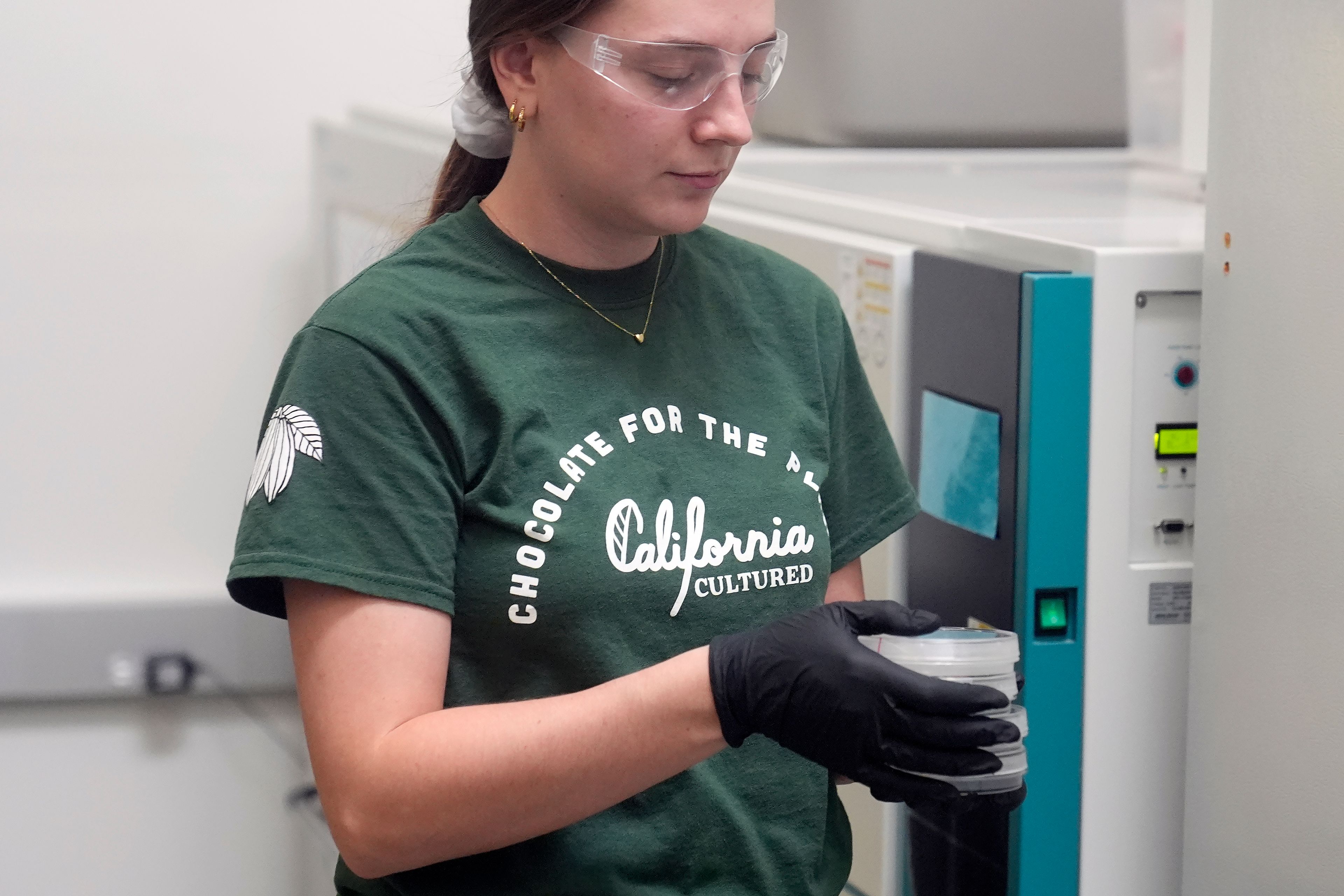 California Cultured lab technician Aubrey McKeand works on cell cultures in the company's lab in West Sacramento, Calif., Wednesday, Aug. 28, 2024. (AP Photo/Jeff Chiu)