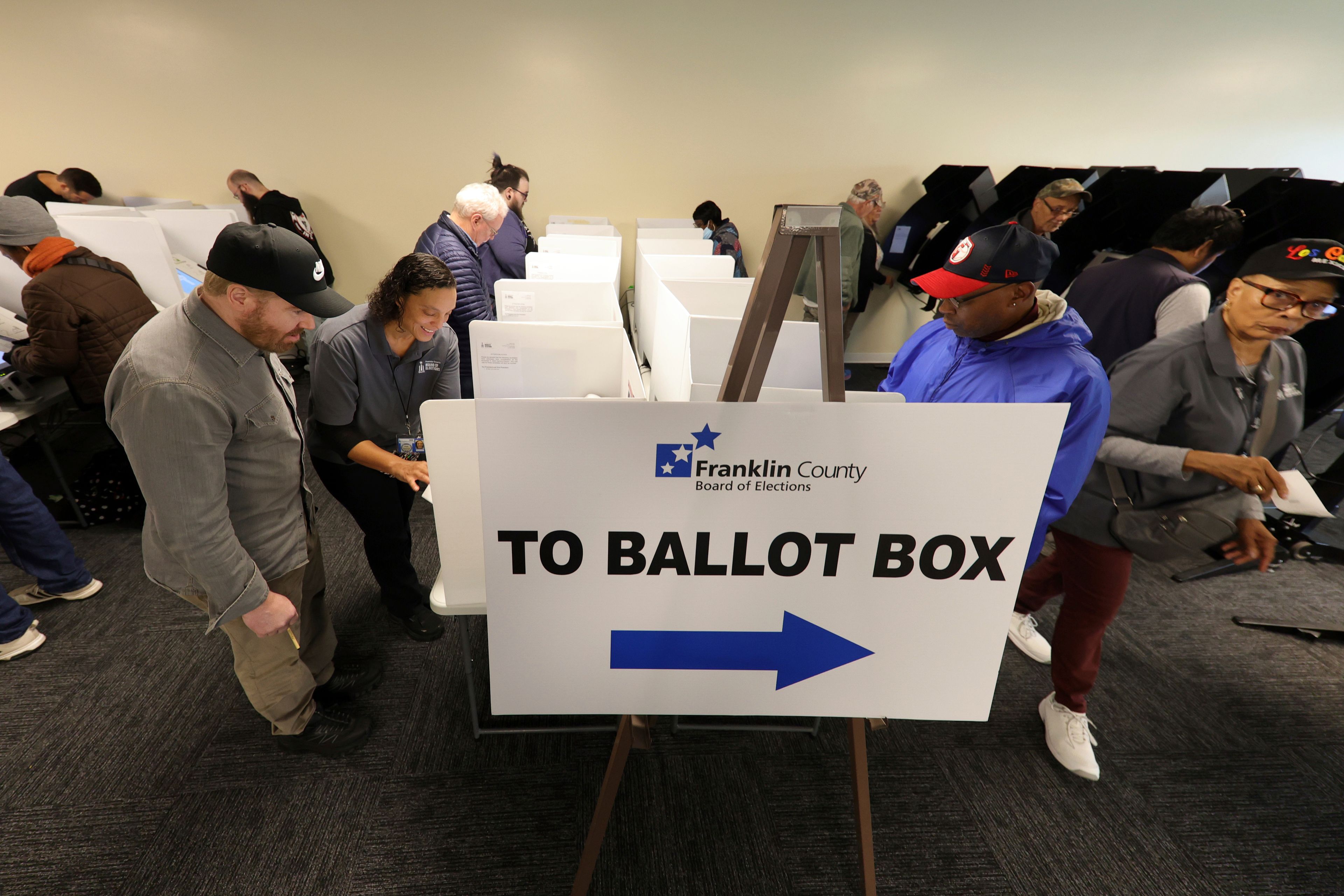 at the Franklin County Board of Elections in Columbus, Ohio, Tuesday, Oct. 8, 2024. (AP Photo/Paul Vernon)