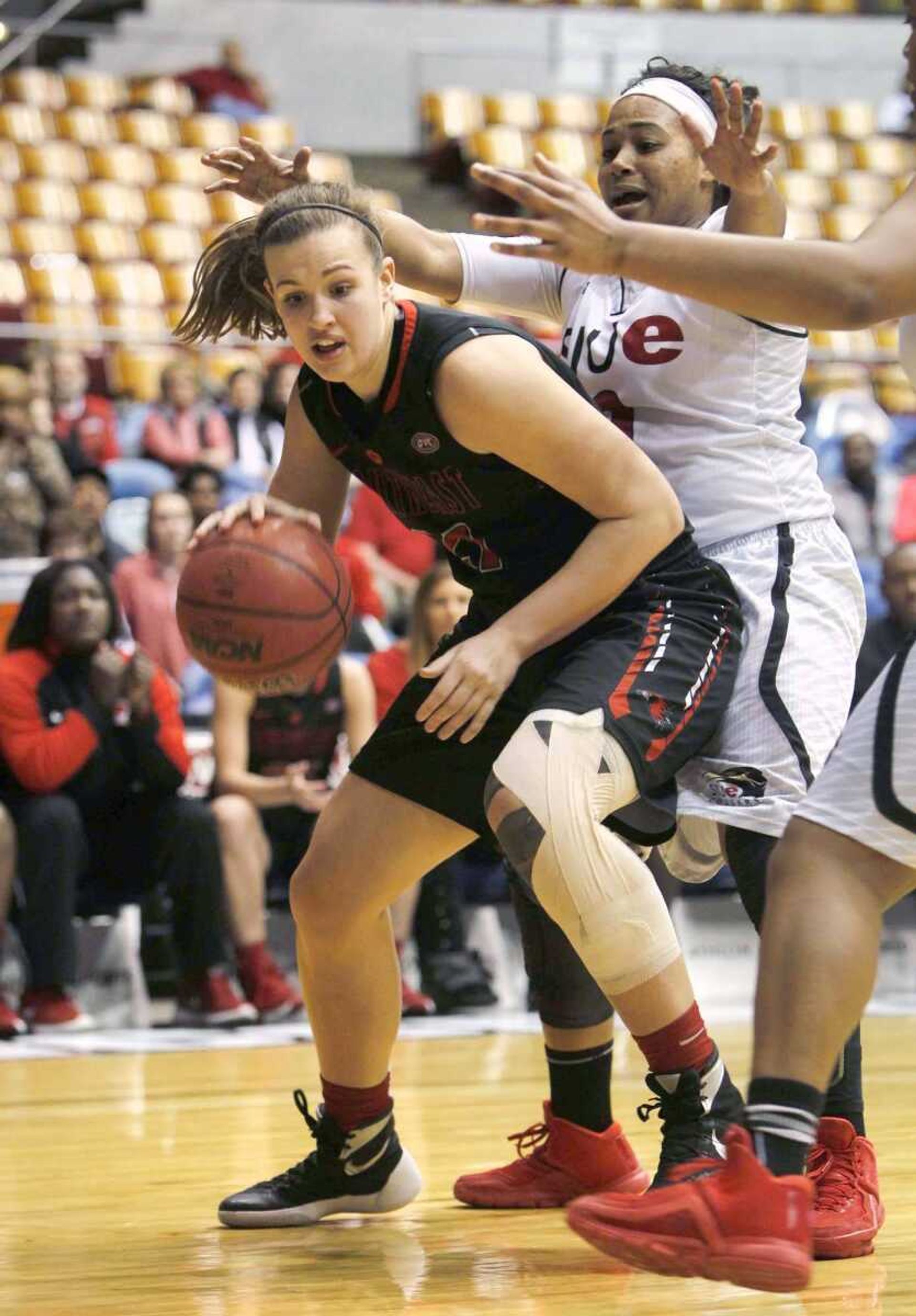 Southeast Missouri State's Connor King dribbles the ball while being guarded by SIUE players during Thursday's OVC tournament quarterfinal game in Nashville.