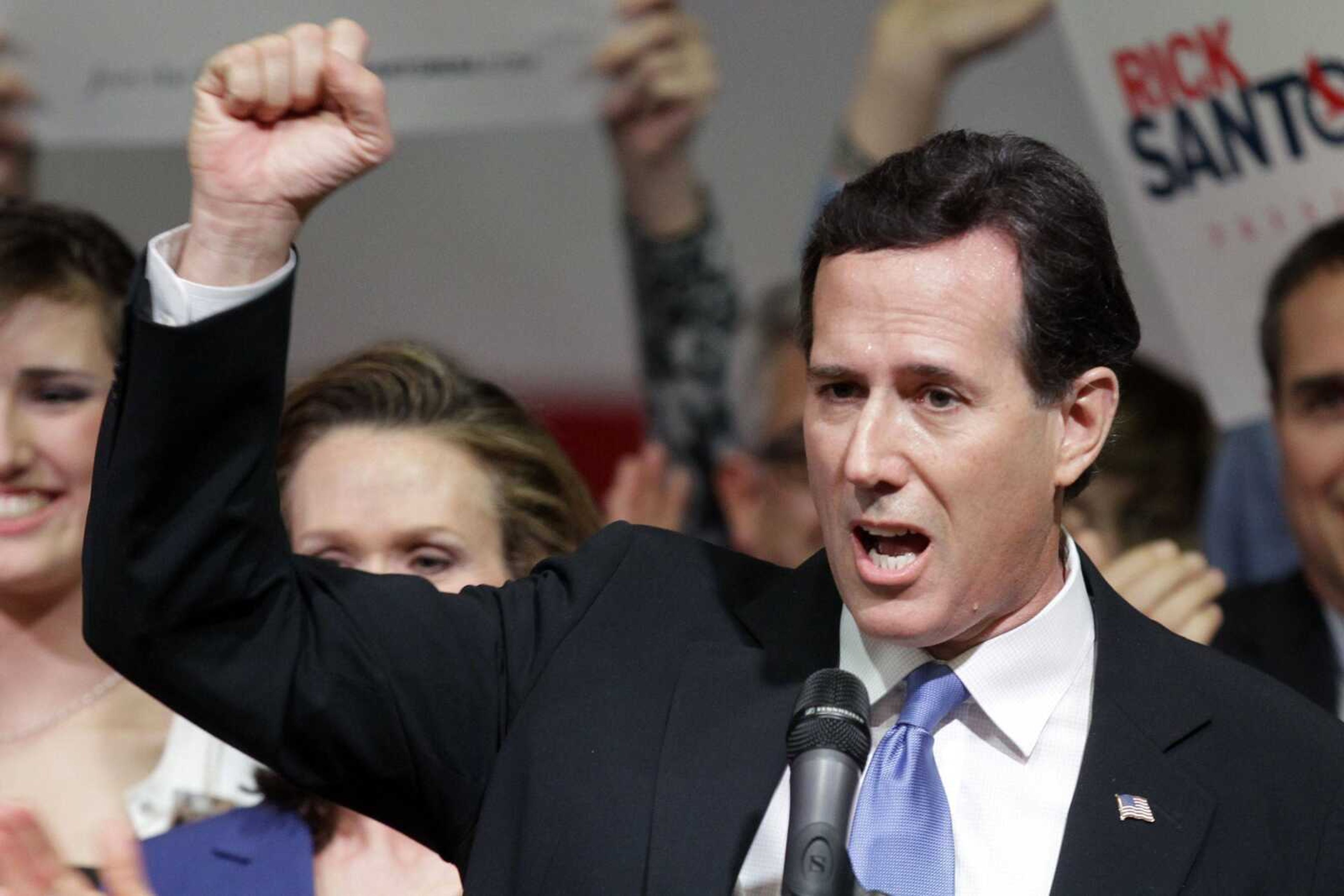 Republican presidential candidate, former Pennsylvania Sen. Rick Santorum speaks to supporters at an election night party at Steubenville High School in Steubenville, Ohio, Tuesday, March 6, 2012. (AP Photo/Gene J. Puskar)