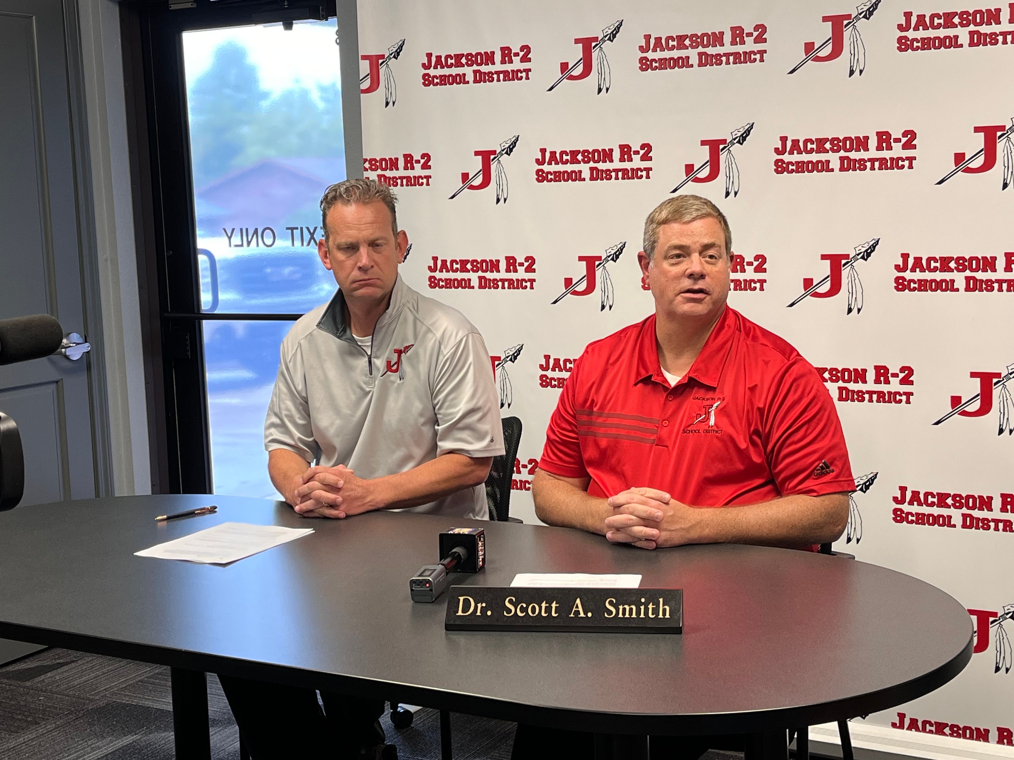 Jackson R-2 School District superintendent Scott Smith, right, and athletic director John Martin address members of the media on Friday, Sept. 13. Jackson schools were closed for the day after a threat was discovered on social media Thursday night. 