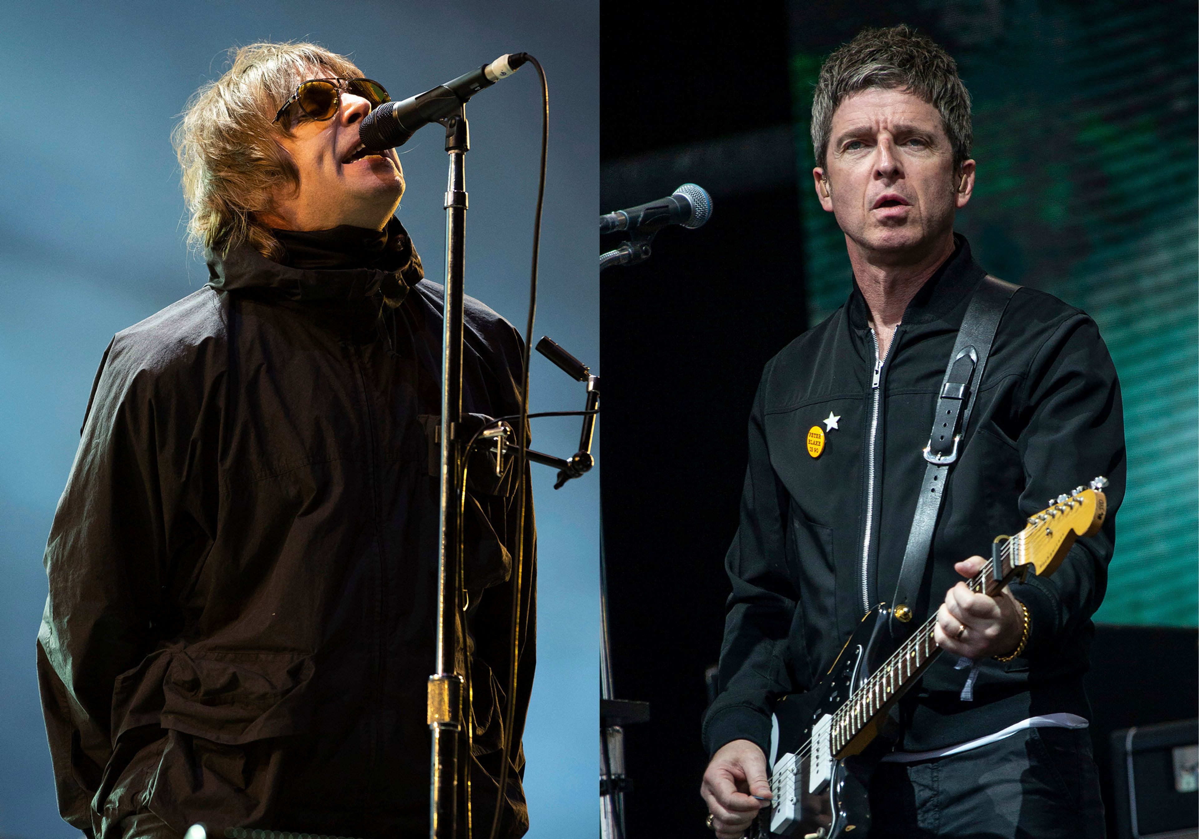 Liam Gallagher performs at the Reading Music Festival, England on Aug. 29, 2021, left, and Noel Gallagher performs at the Glastonbury Festival in Worthy Farm, Somerset, England, on June 25, 2022. (AP Photo)