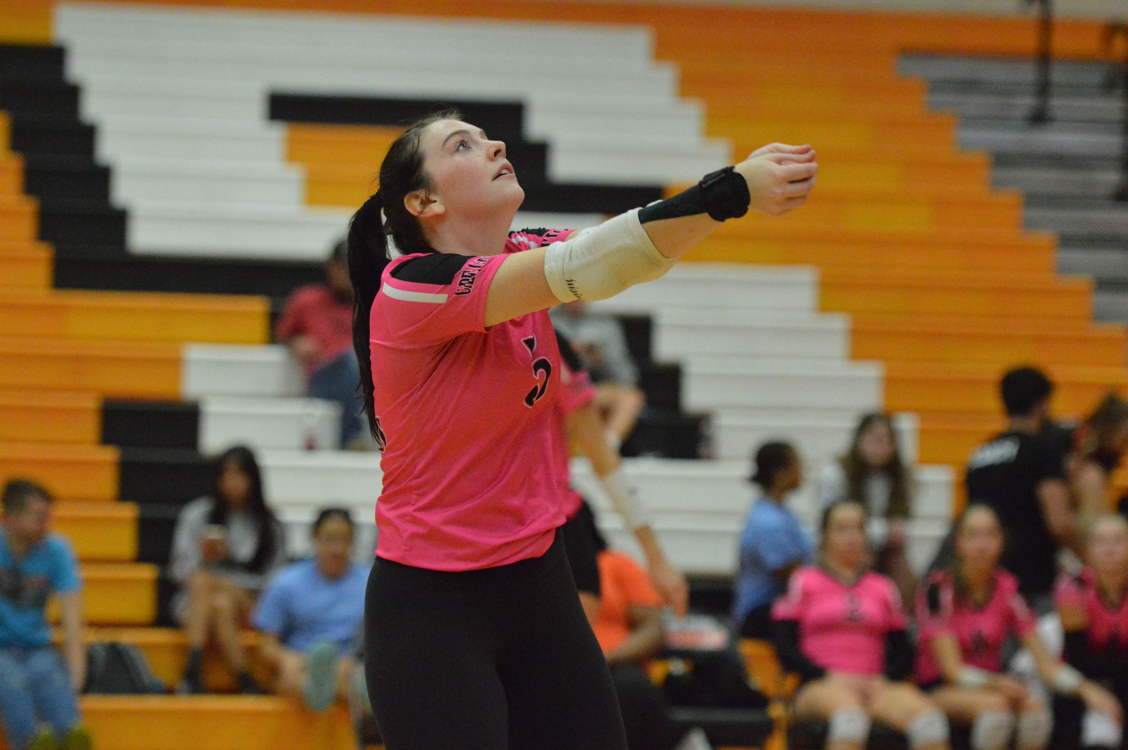 Cape Central senior Ella Hukel digs the ball in a home match against Bernie on Monday, Sept. 16.