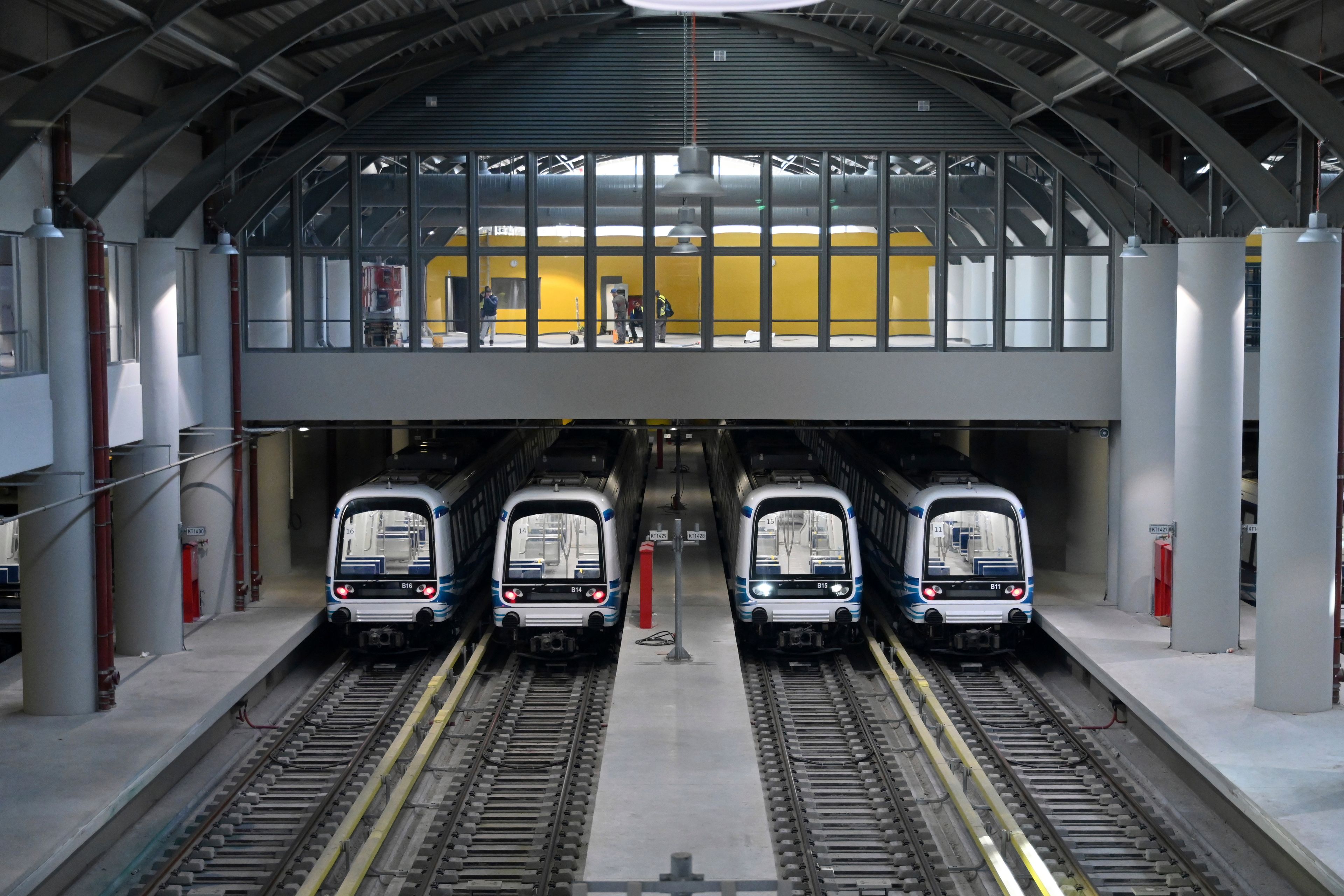 Metro wagons are parked at the newly built Pylaia depot ahead of its Nov. 30 official opening, in Thessaloniki, northern Greece, Friday, Nov. 22, 2024 – part of the city's long-delayed subway system showcasing archaeological finds from decades of construction. (AP Photo/Giannis Papanikos)