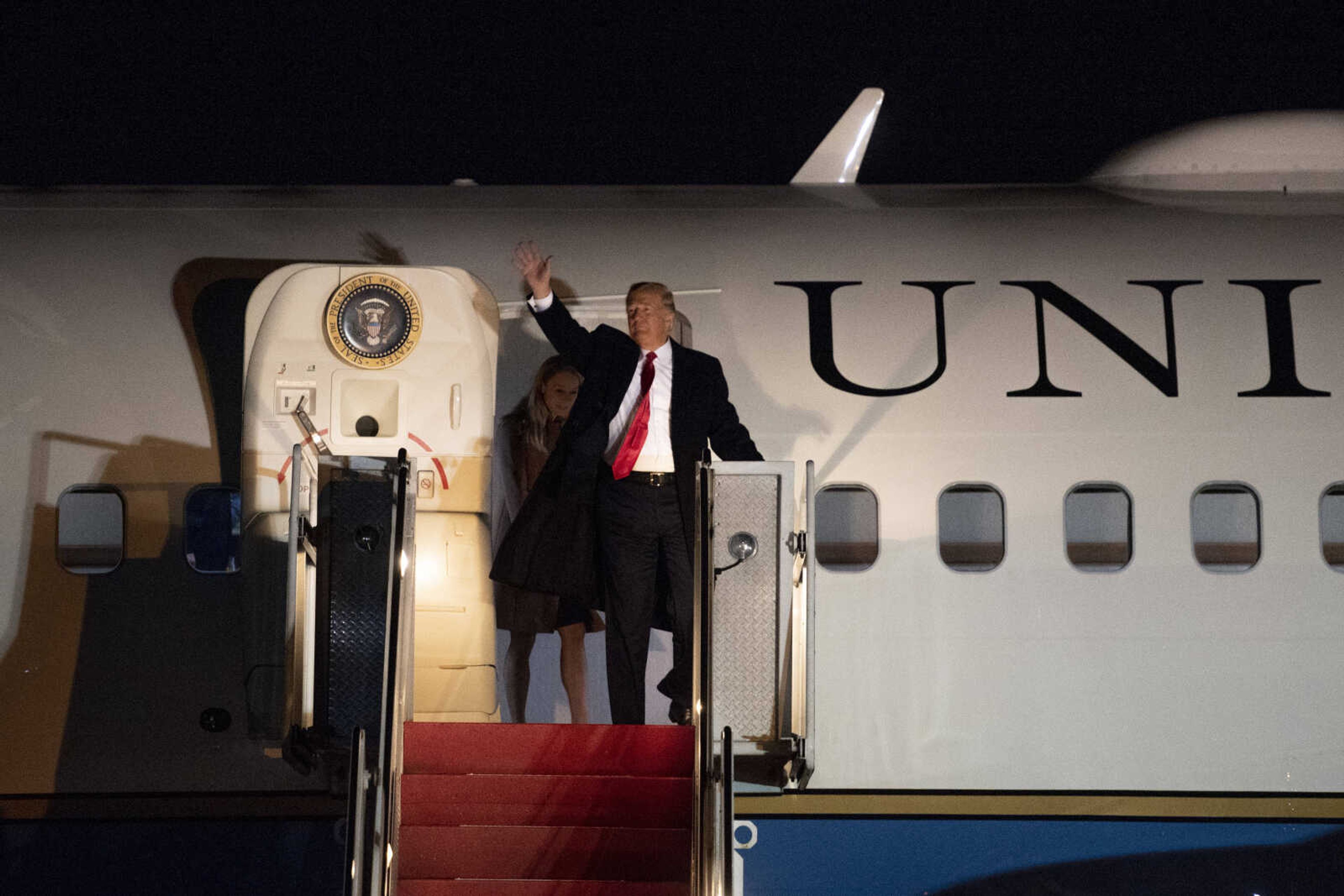 President Donald Trump arrives to Cape Girardeau Regional Airport Monday night, Nov. 5, 2018, in Scott City.