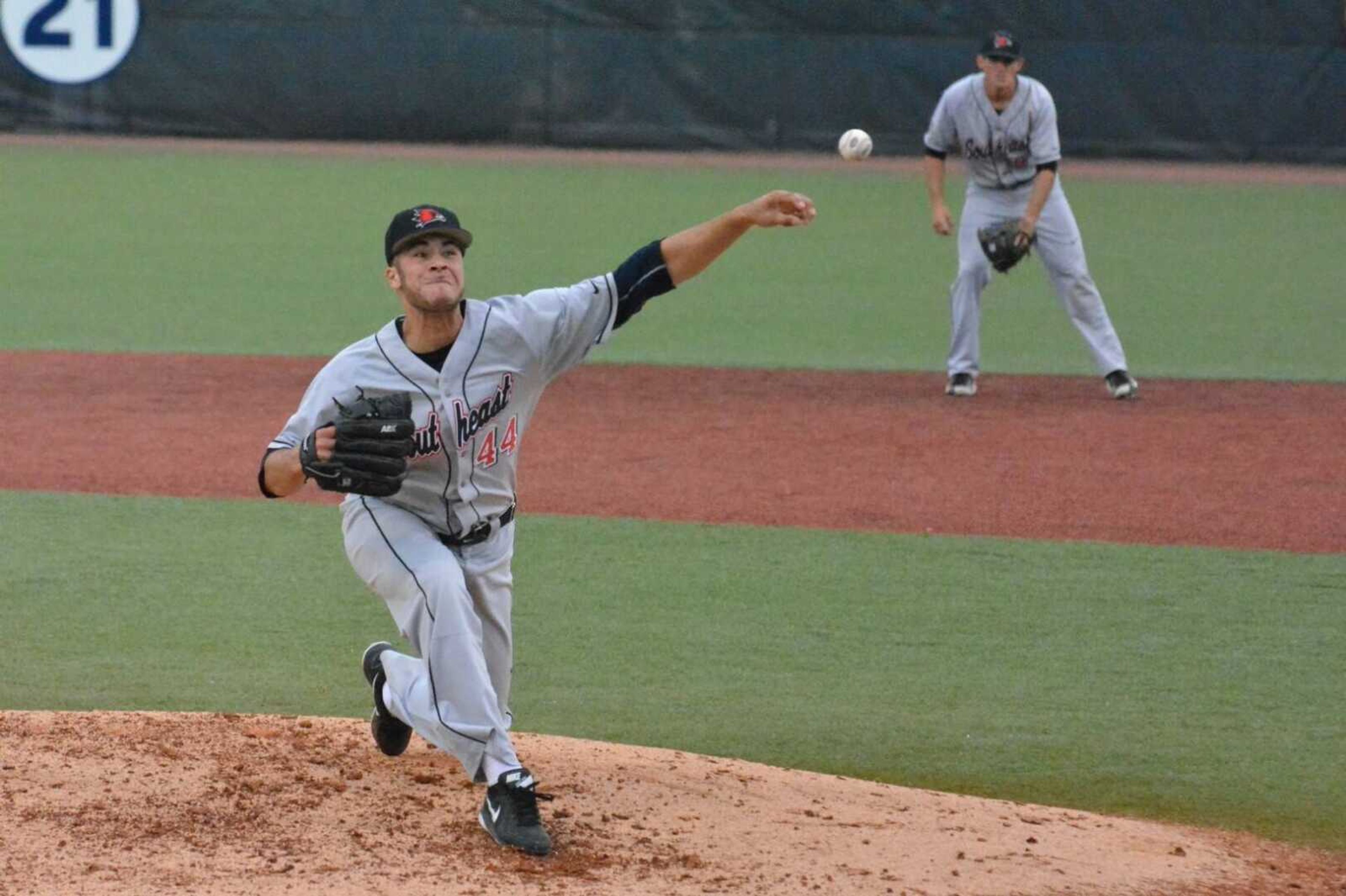 Southeast Missouri State starting pitcher Joey Lucchesi delivers a pitch to a Belmont batter Thursday night. Lucchesi pitched eight innings in the Redhawks' 12-0 victory. (Wayne McPherson)