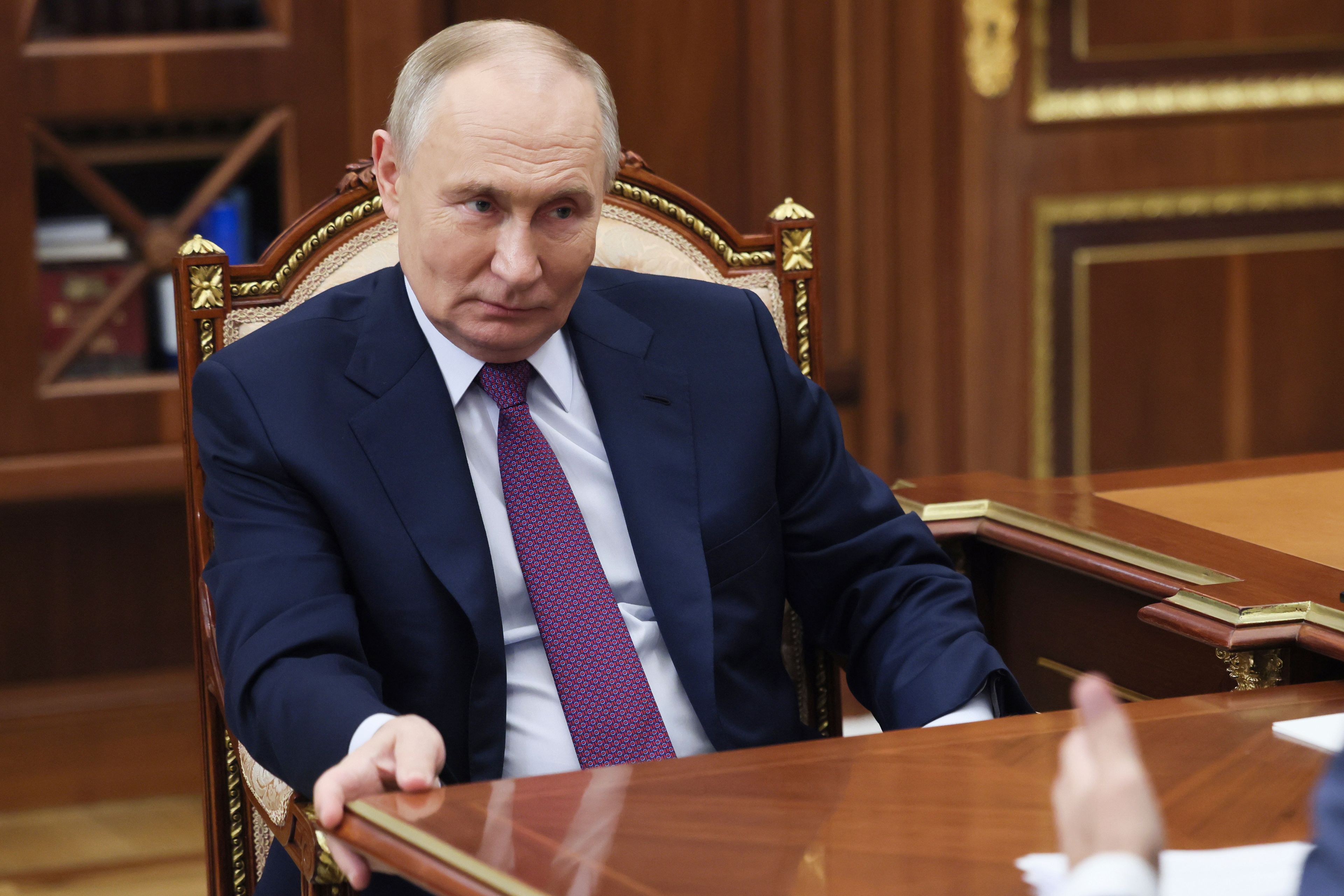 Russian President Vladimir Putin attends a meeting with New People party's leader Alexey Nechaev in Moscow, Russia, Tuesday, Nov. 19, 2024. (Vyacheslav Prokofyev, Sputnik, Kremlin Pool Photo via AP)