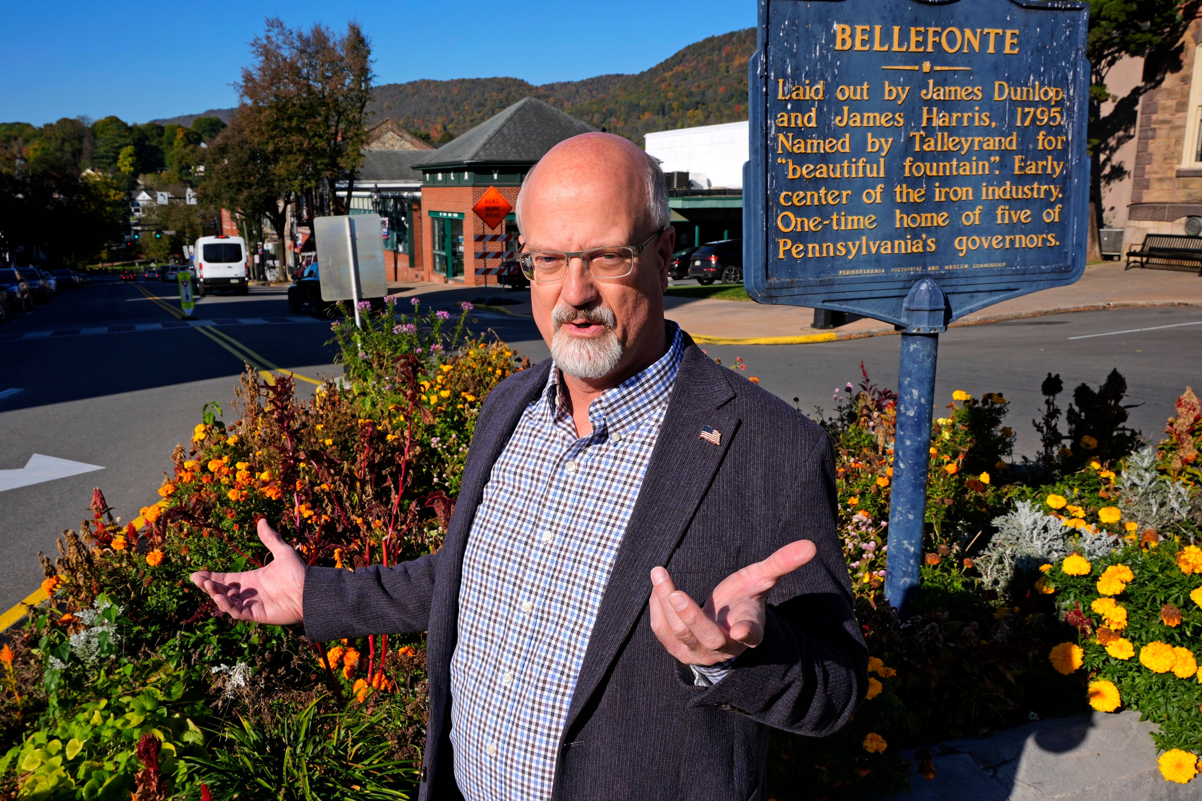 Centre County Commissioner Mark Higgins stands in downtown Bellefonte, Pa., Friday, Oct. 18, 2024. (AP Photo/Gene J. Puskar)