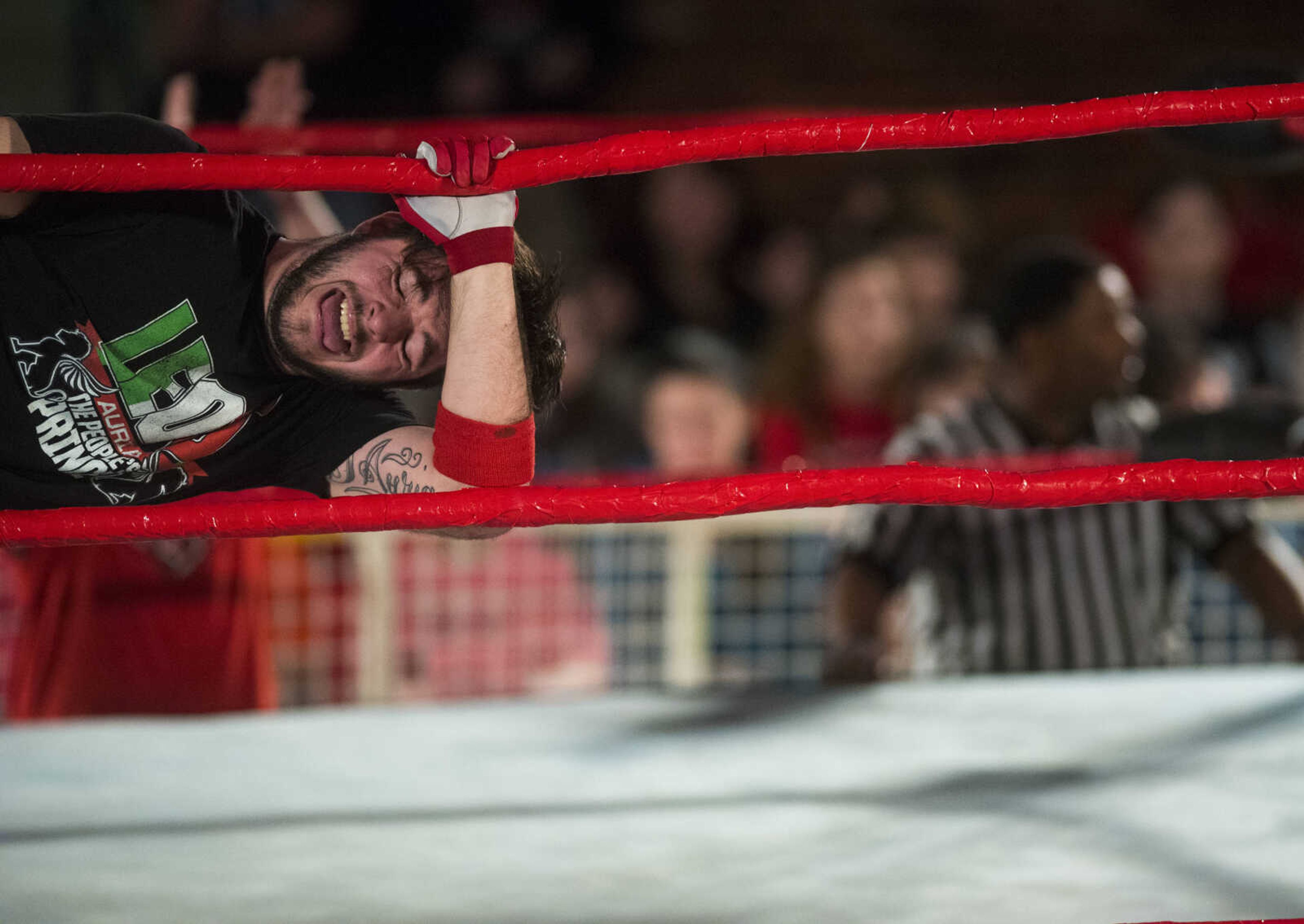 Leo D'Auria gets caught in the ropes during a 20-man battle royal during Cape Championship Wrestling's One Night Riot event Saturday, Feb. 24, 2018, at the Arena Building in Cape Girardeau.