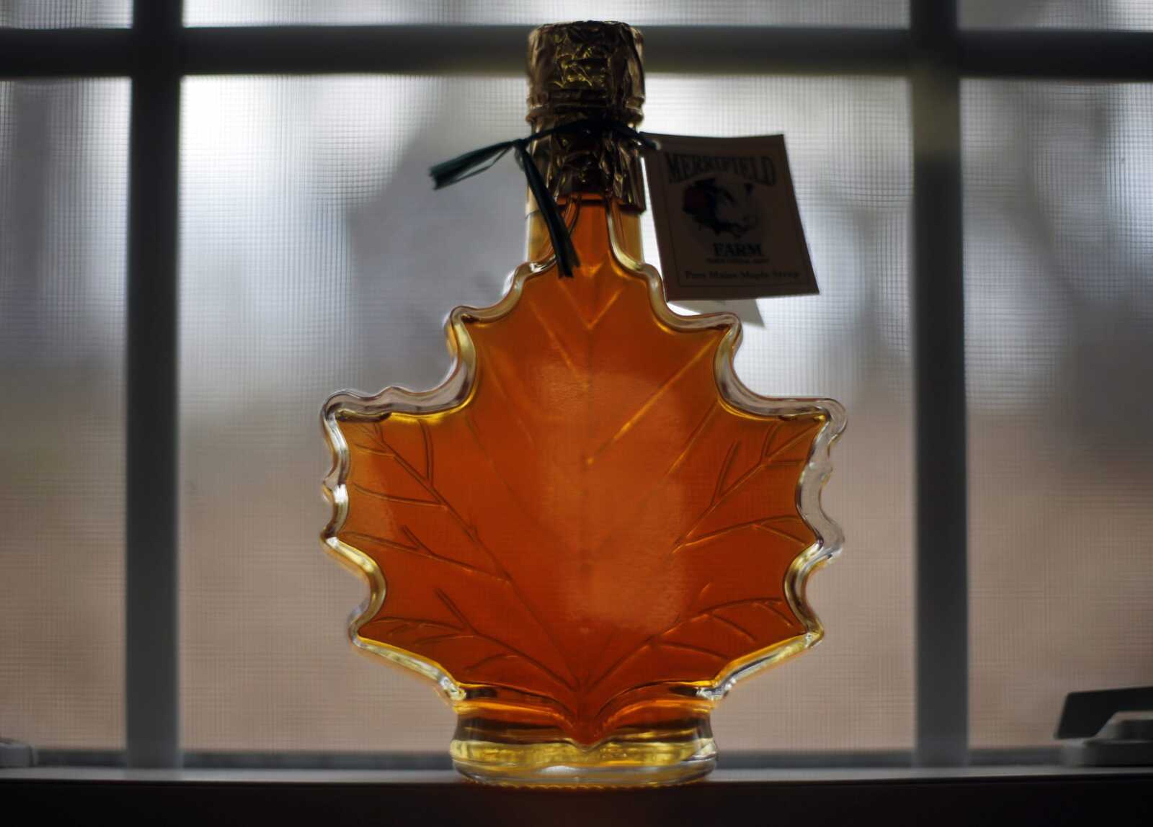 A bottle of maple syrup is displayed at the Merrifield Farm and Sugar Shack on March 9, 2016, in Gorham, Maine.