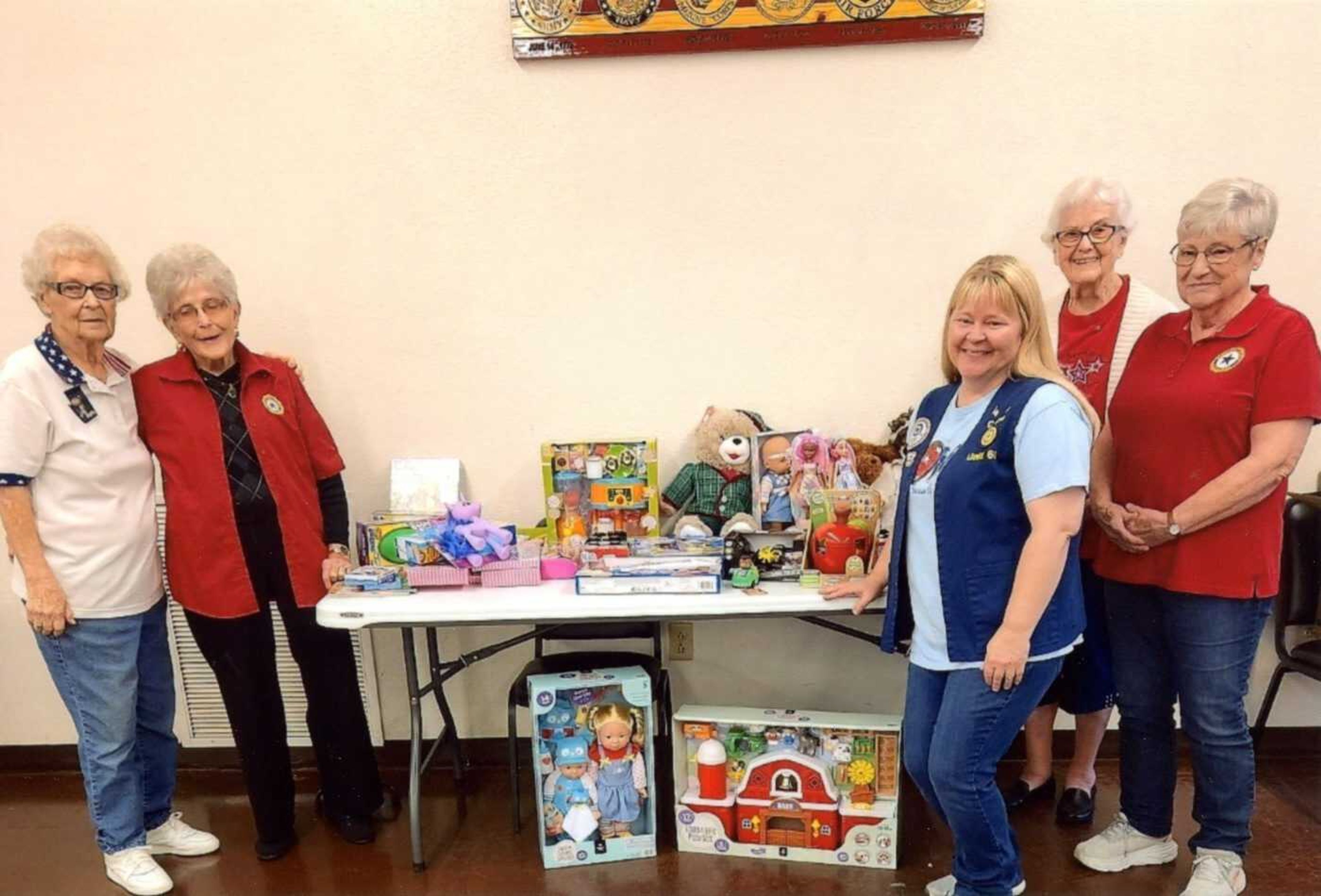 Members of the Louis K. Juden American Legion Post No. 63 Auxiliary  in Cape Girardeau recently donated toys to Toys for Tots. Left to right are Barbara Yallaly, Edna Smith, Susan Tilley, Mildred Varnell and Donna Hinze.  In October, the auxiliary bought coats, gloves, hats and socks for students at Franklin Elementary School.