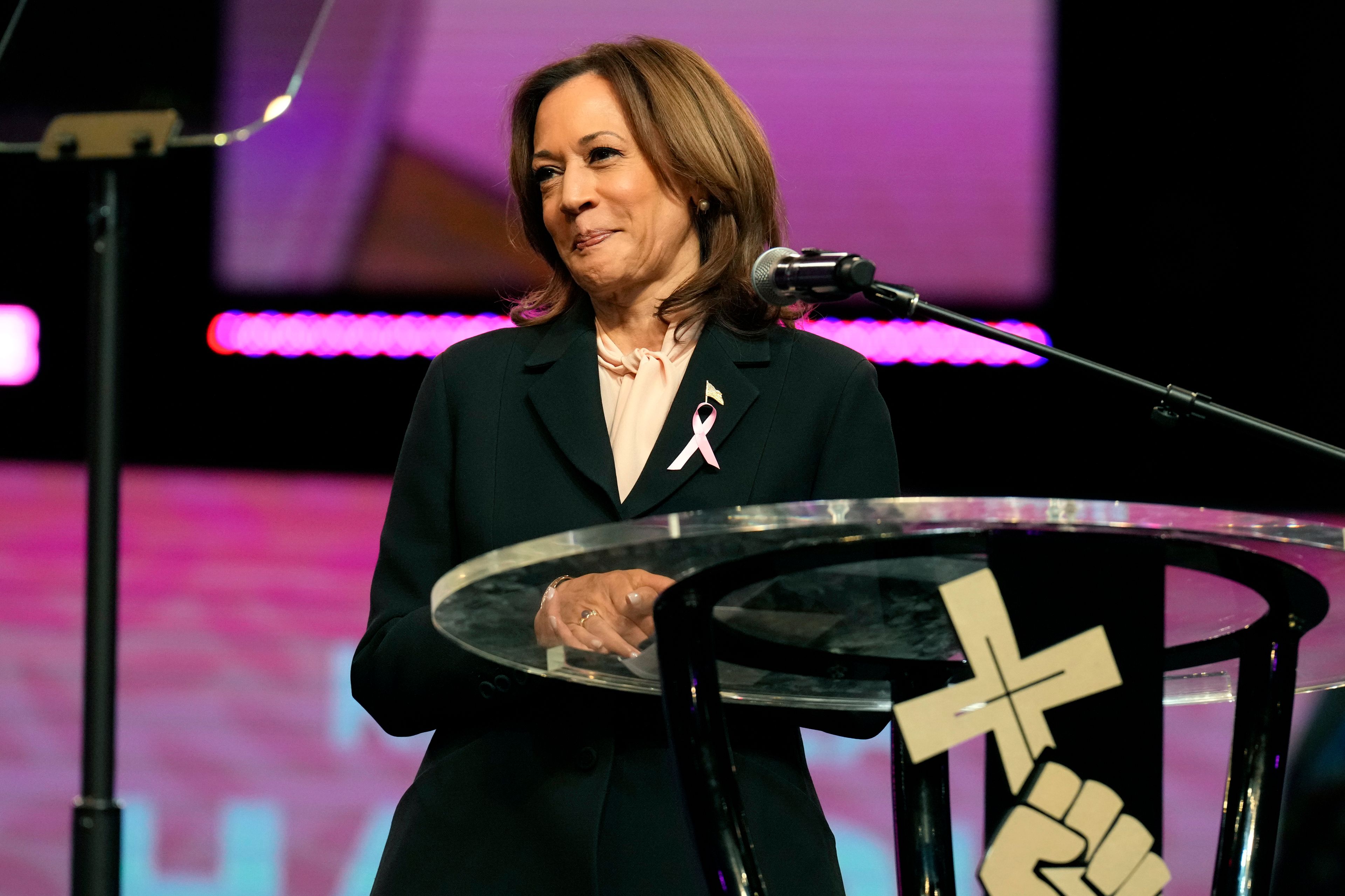 Democratic presidential nominee Vice President Kamala Harris speaks at a church service at New Birth Baptist Church in Stonecrest, Ga., Sunday, Oct. 20, 2024. (AP Photo/Jacquelyn Martin)