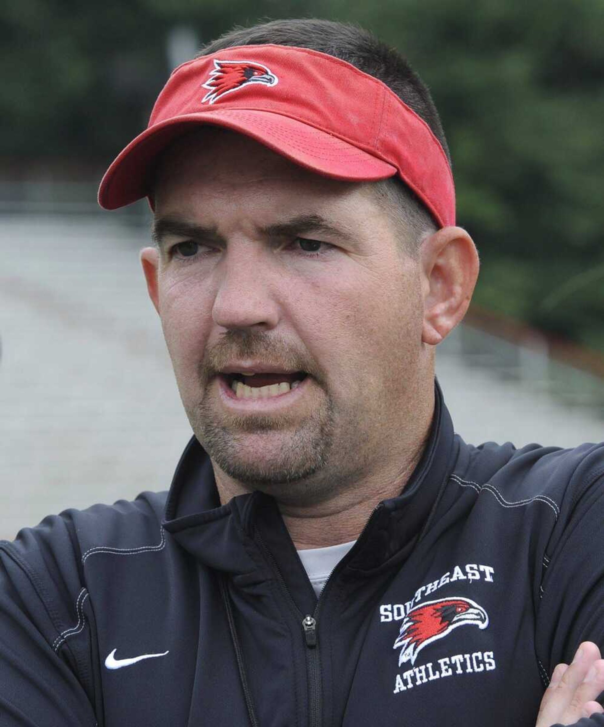 Southeast Missouri State football coach Tom Matukewicz speaks after a scrimmage earlier this month at Houck Stadium. (Fred Lynch)