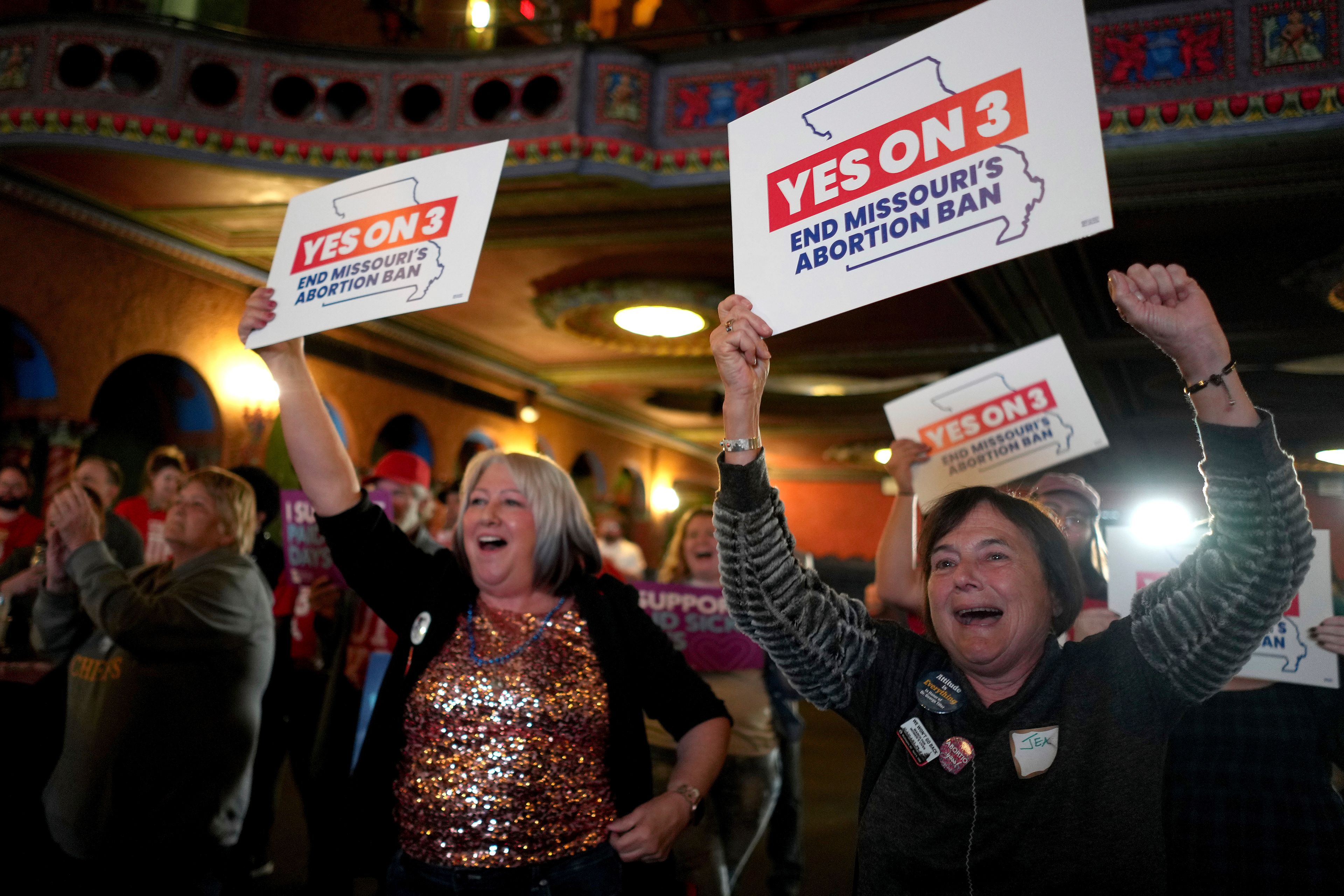 People at a election night watch party react after an abortion rights amendment to the Missouri constitution passed Tuesday, Nov. 5, 2024, in Kansas City, Mo. (AP Photo/Charlie Riedel)