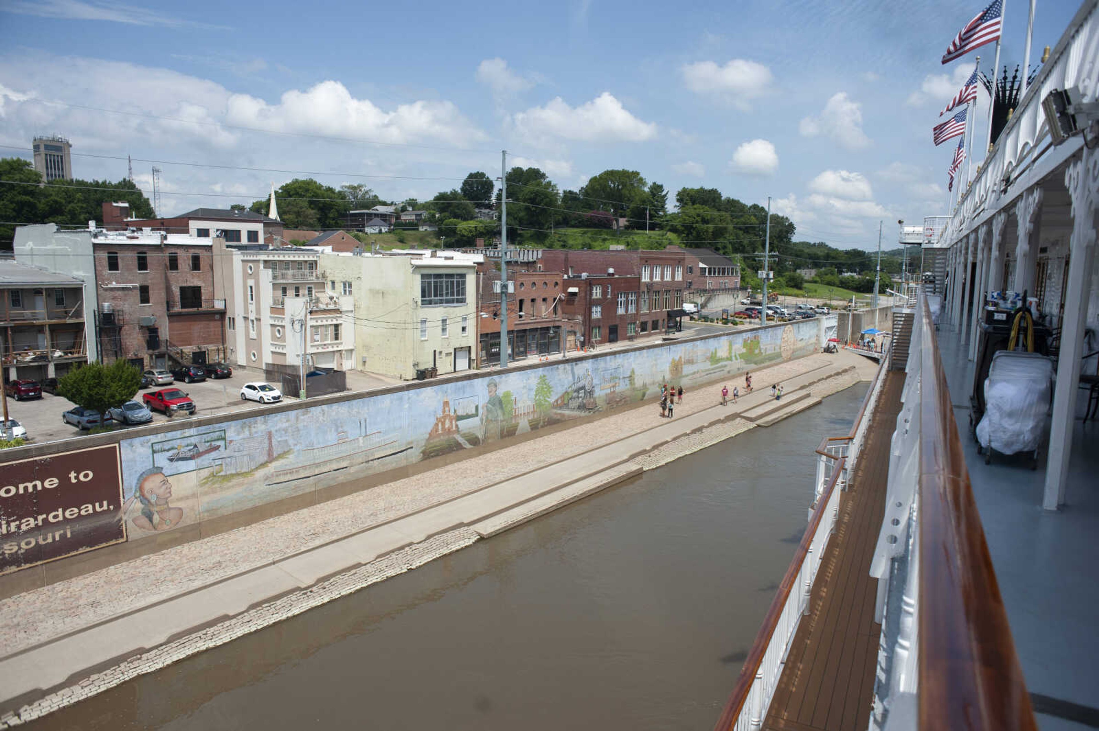 Downtown Cape Girardeau is seen from a deck of the docked American Queen riverboat Saturday, Aug. 3, 2019, on the Mississippi River in Cape Girardeau.