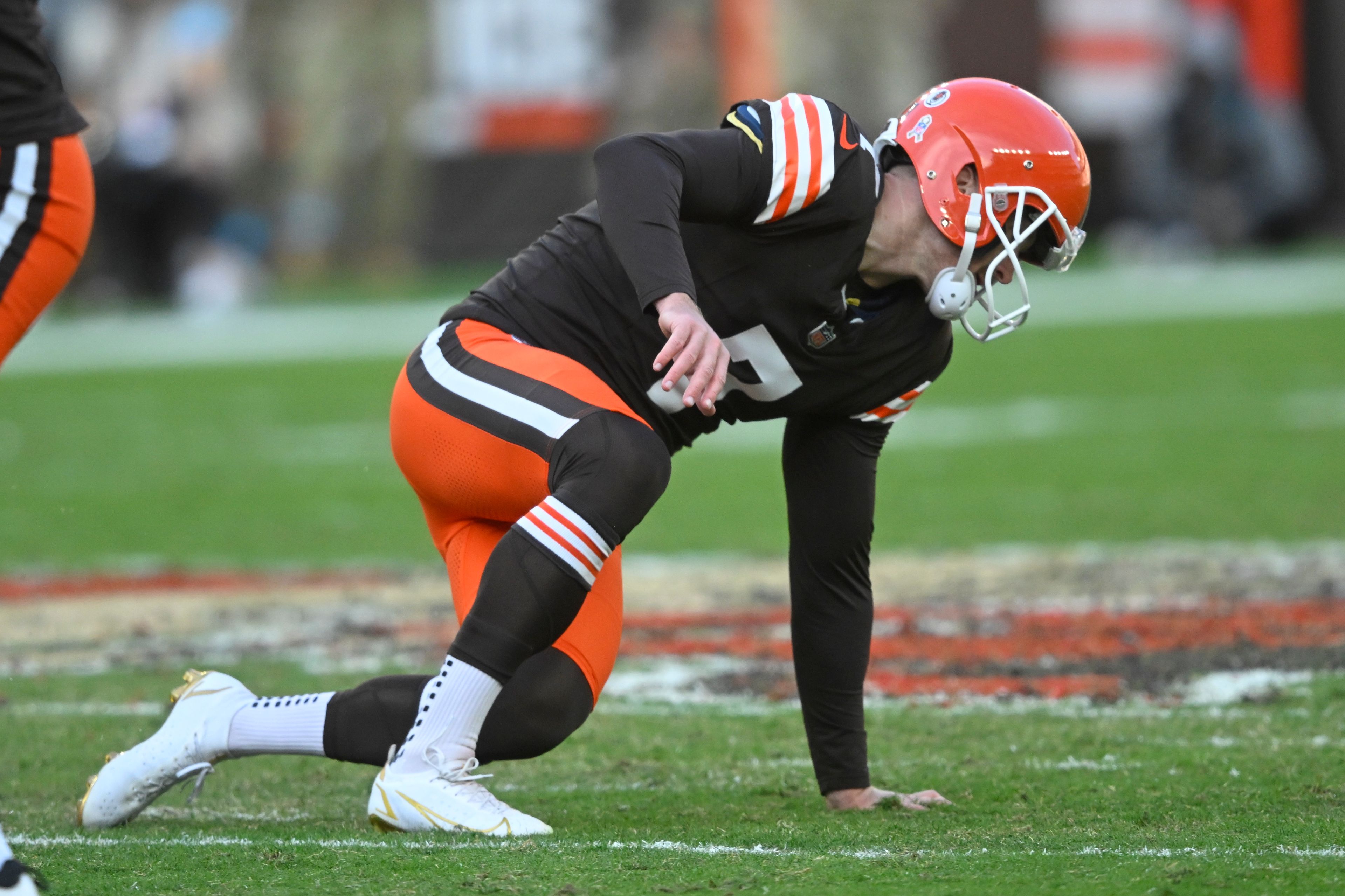 Cleveland Browns place kicker Dustin Hopkins gets up after his 51-yard field goal attempt was blocked by the Los Angeles Chargers in the second half of an NFL football game Sunday, Nov. 3, 2024, in Cleveland. (AP Photo/David Richard)