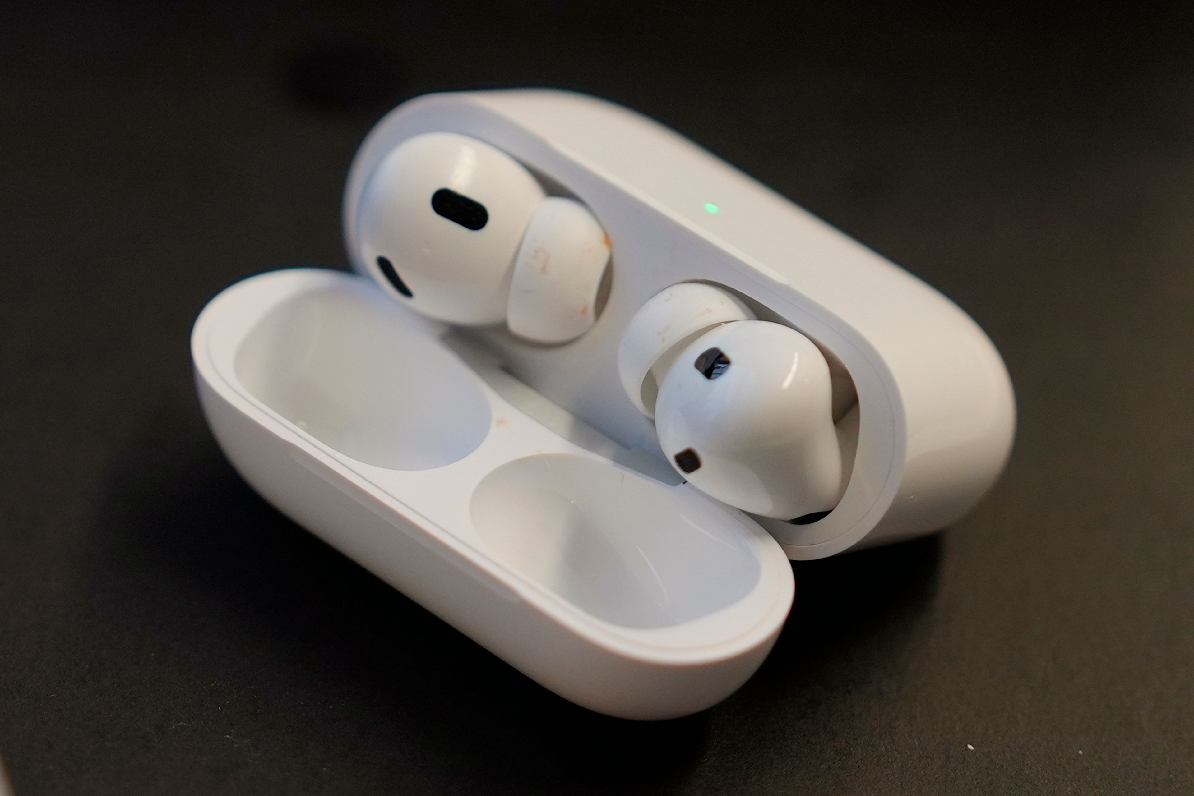 A pair of Apple AirPods Pro 2 are displayed on a table at Brooklyn College's audiology clinic in New York on Oct. 22, 2024. (AP Photo/Mary Conlon)