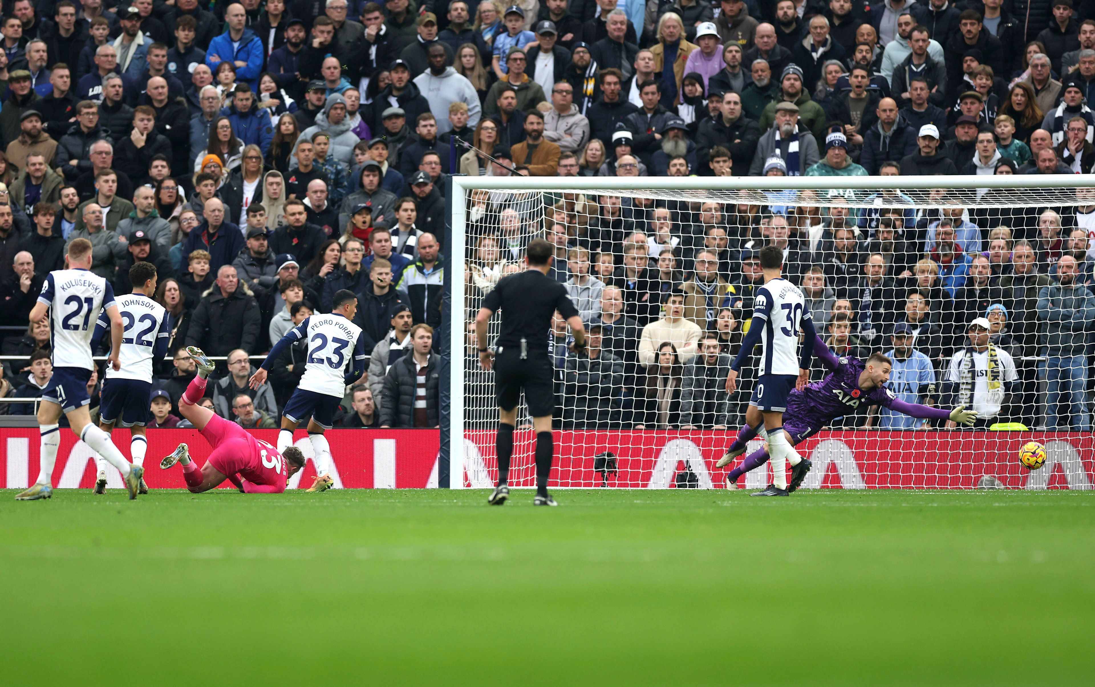 Ipswich Town's Sammie Szmodics scores their side's first goal of the game via an overhead kick during the Premier League match between Tottenham and Ipswich at Tottenham Hotspur stadium, London, Sunday Nov. 10, 2024. (Steven Paston/PA via AP)