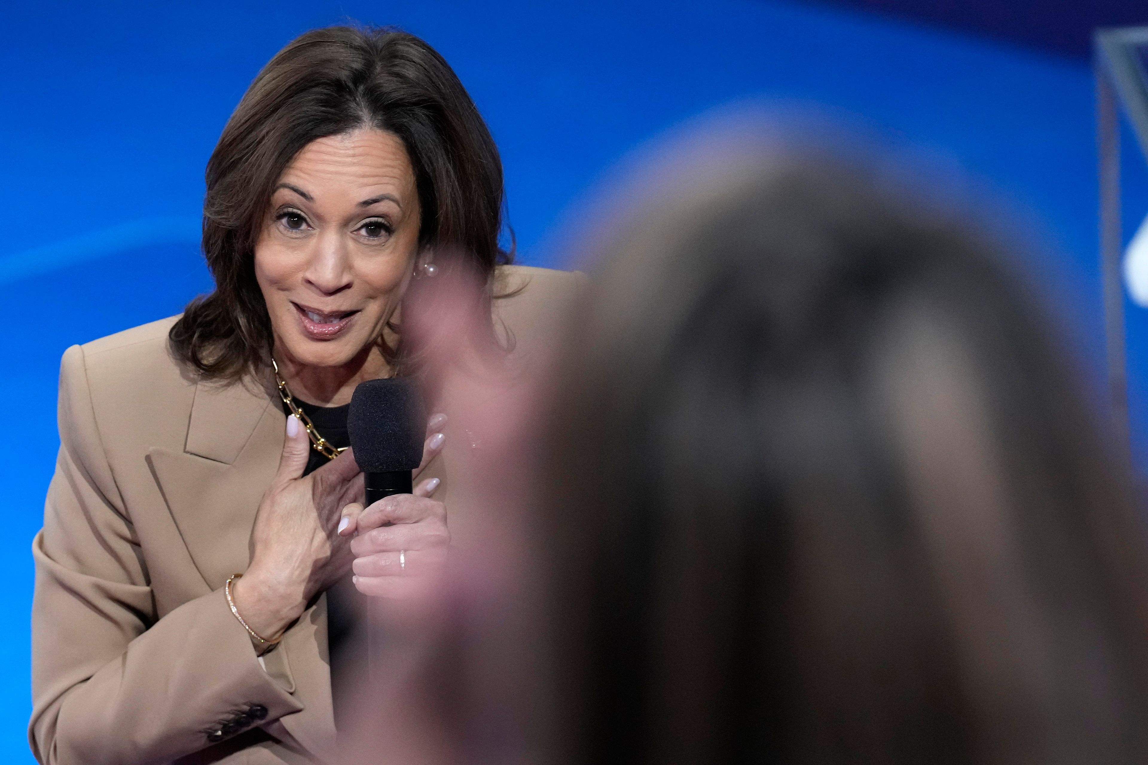 Democratic presidential nominee Vice President Kamala Harris responds to a question during a Town Hall event hosted by Univision, Thursday, Oct. 10, 2024, at the University of Nevada Las Vegas. (AP Photo/Jacquelyn Martin)