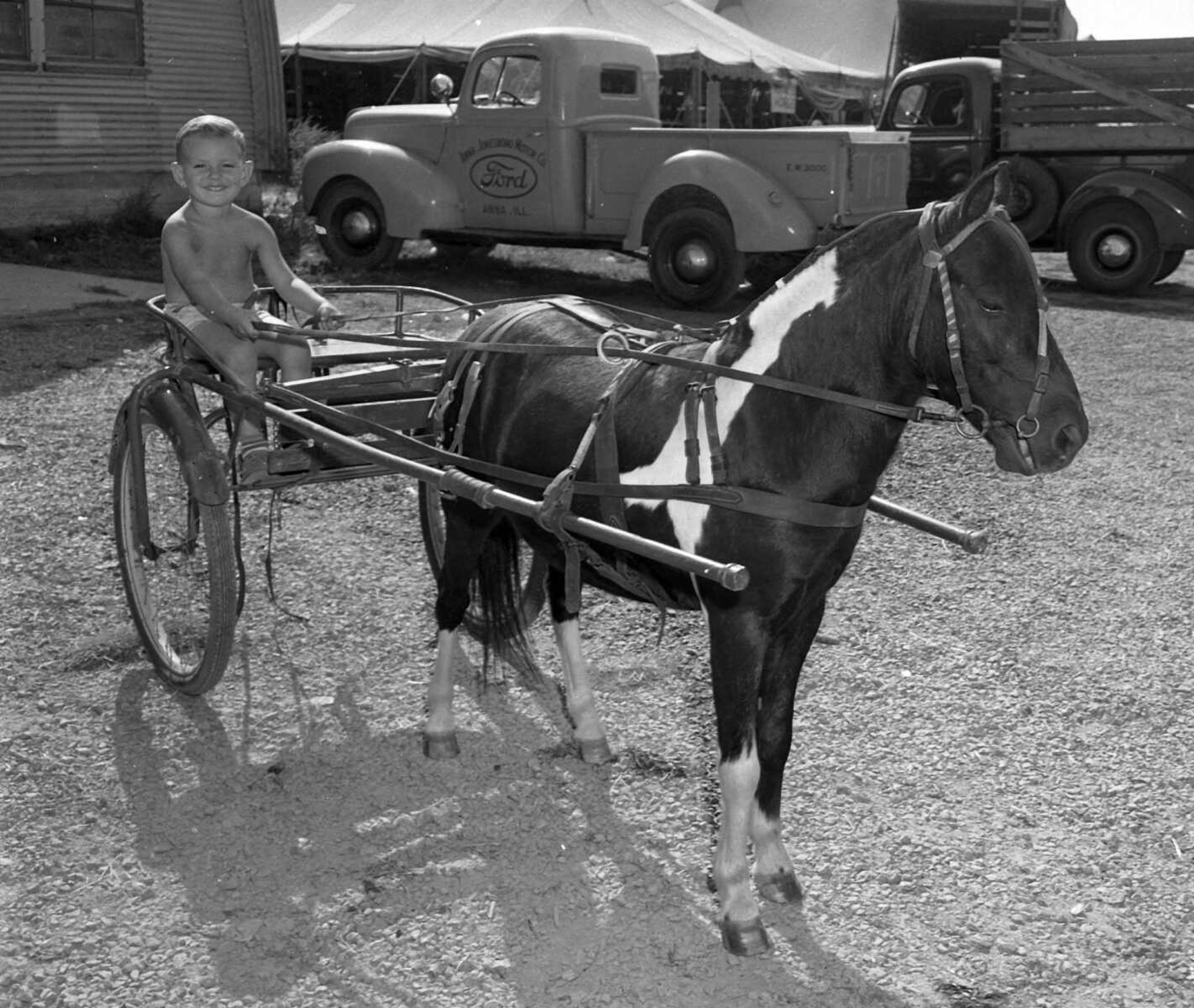 Published Sept. 16, 1948. Boys and ponies are inseparable. Here's Norman "Skippy" Smith of Little Rock, Ark., exercising a Shetland in preparation for the coming event of the big horse show at the SEMO District Fair. (Missourian archive photo by G.D. Fronabarger)