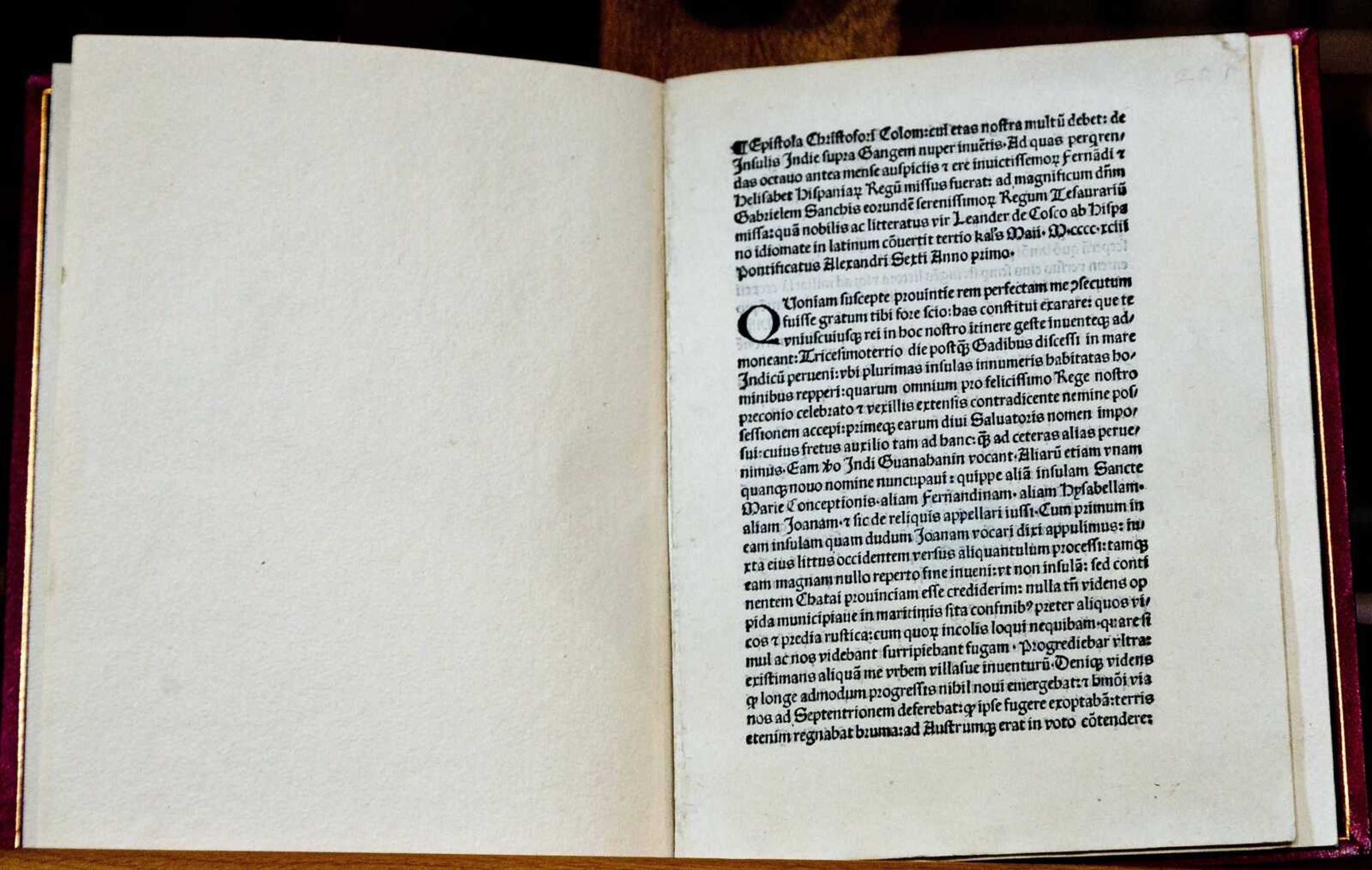 A reprinted copy of Christopher Columbus' original letter written in 1493 about the discovery of the New World is displayed during a news conference Wednesday in Rome.