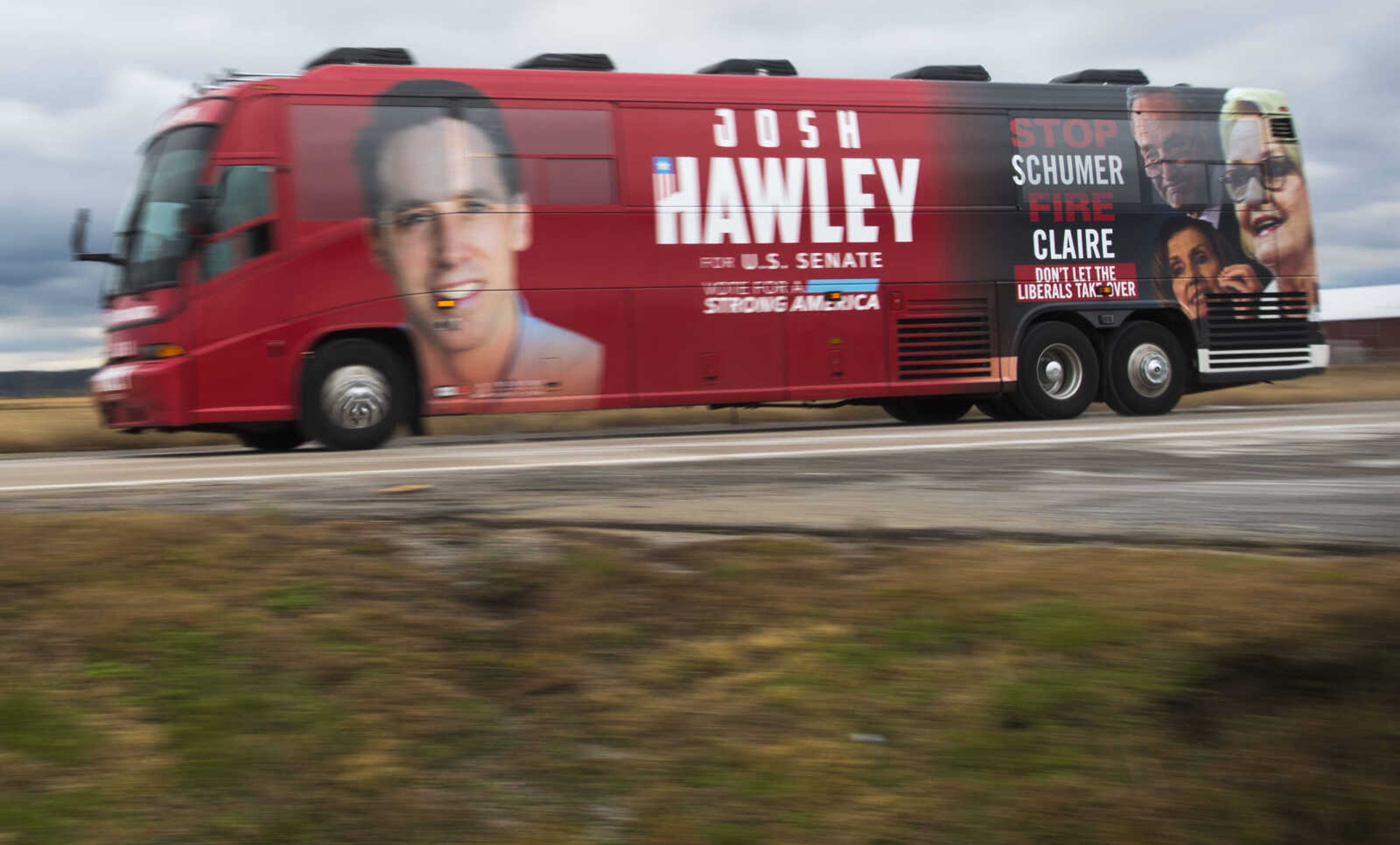 Missouri Republican candidate Josh Hawley's bus departs for their next campaign stop in Portageville on Friday, Oct. 26, 2018, in Scott City.