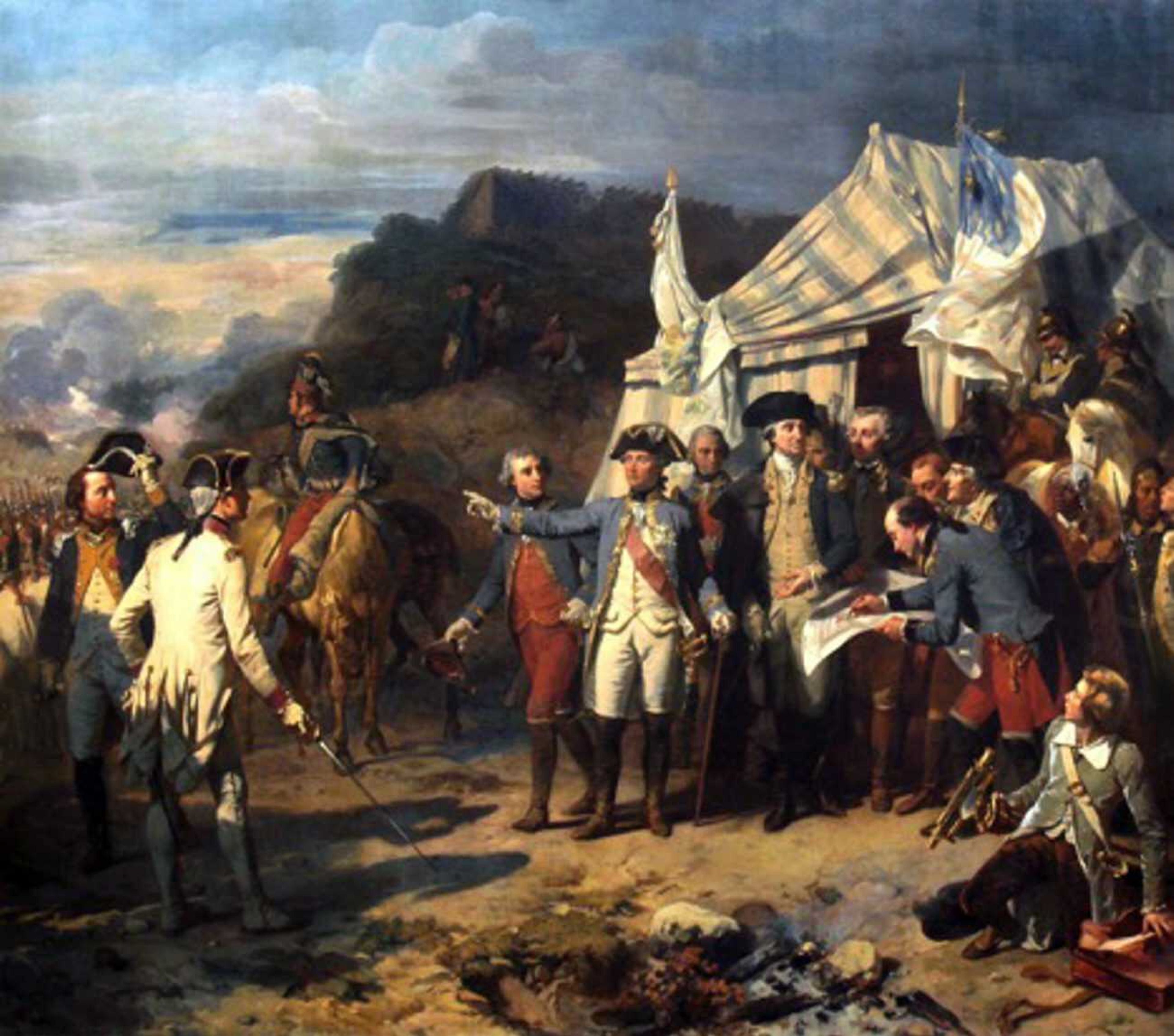 Many families have legends about ancestors who served in the Revolutionary War under Washington's command. While true in the larger sense, if the ancestor lived in Virginia or the South, this is unlikely, because Washington's immediate command only entered Virginia for the Battle of Yorktown. "Bataille de Yorktown," by Auguste Couder.