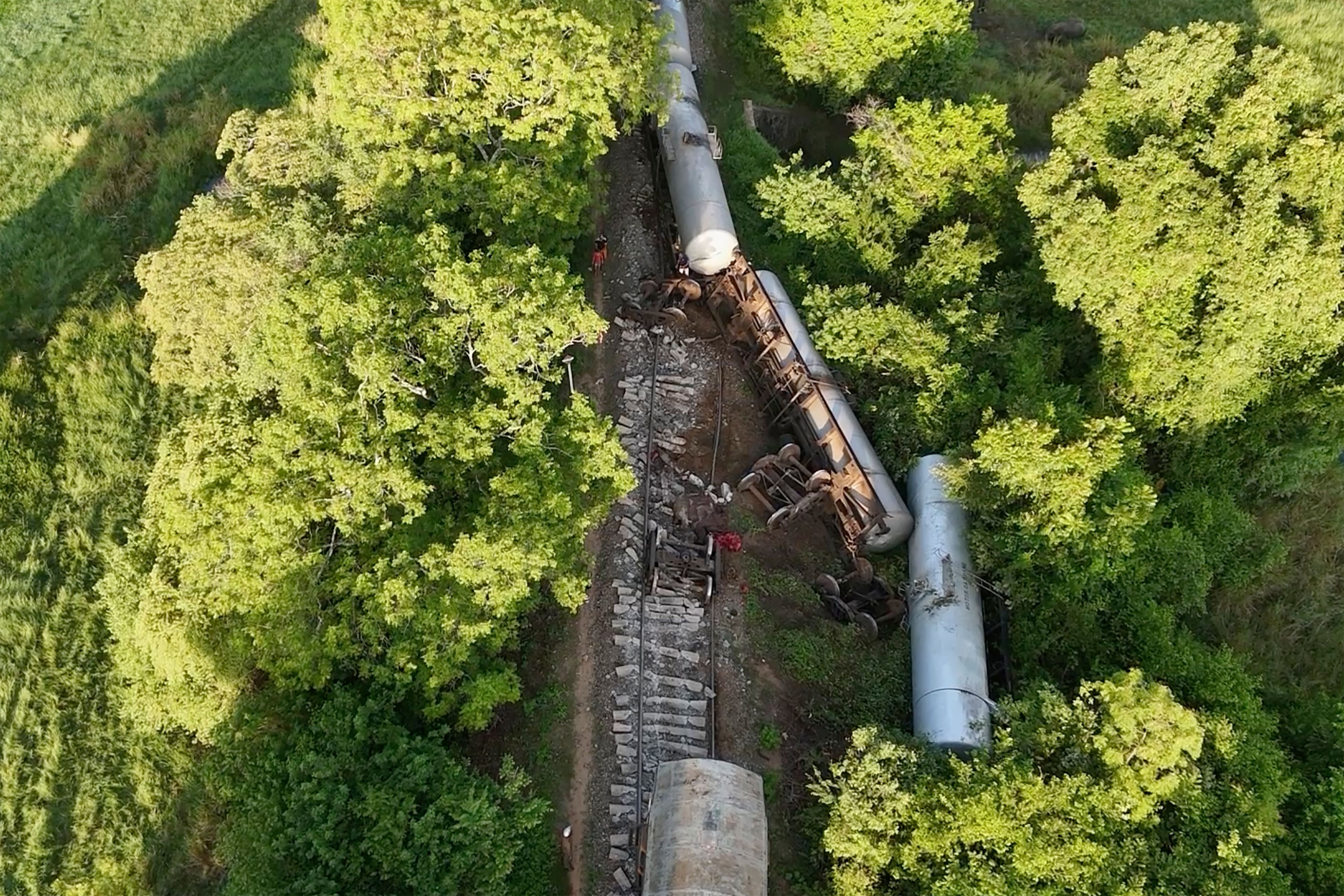 This image made from a video footage shows a derailed fuel transporting train in Minneriya, Sri Lanka, Saturday, Oct. 19, 2024, after it collided with a heard of elephants Friday. (AP Photo)