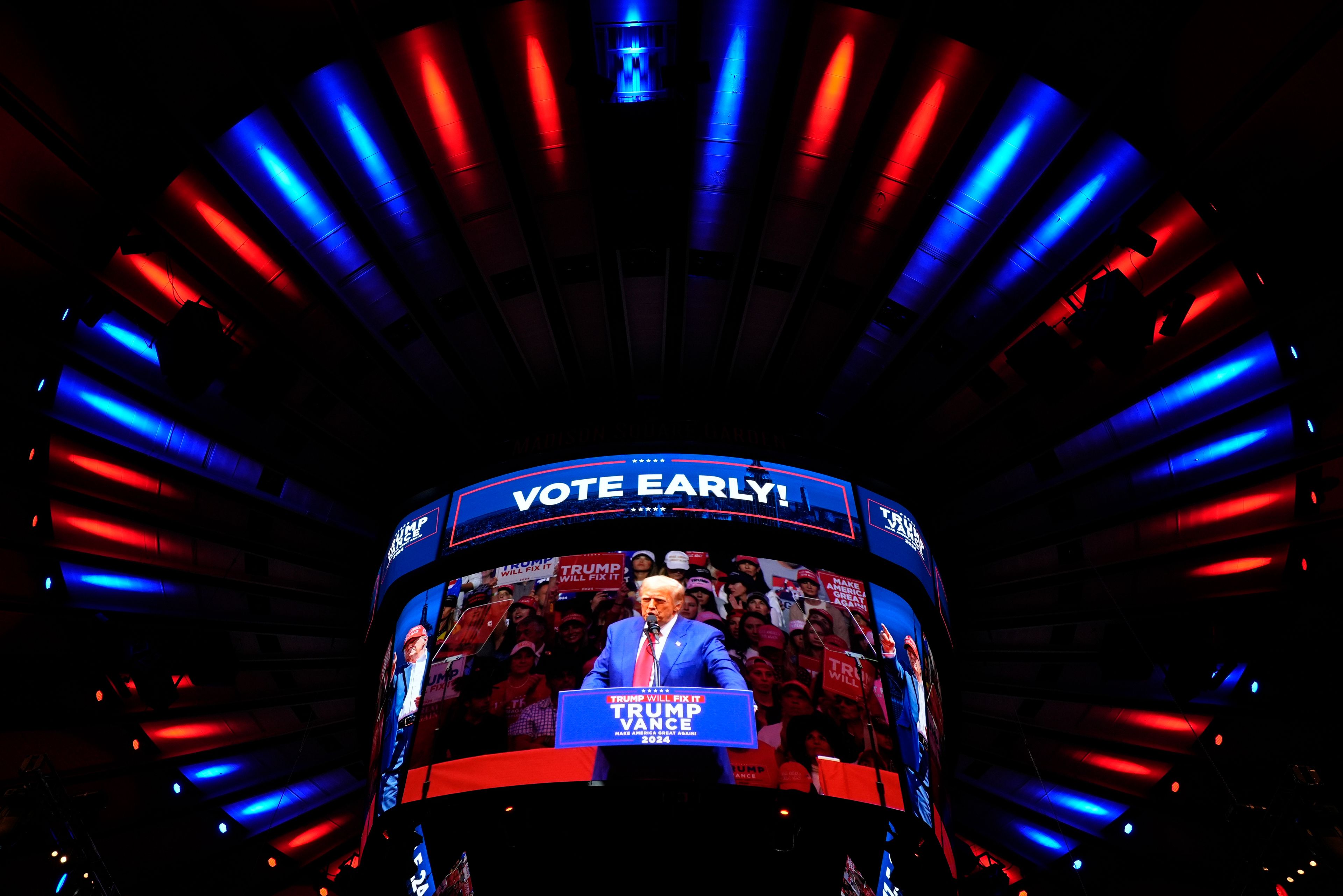 Republican presidential nominee former President Donald Trump speaks at a campaign rally at Madison Square Garden, Sunday, Oct. 27, 2024, in New York. (AP Photo/Alex Brandon)