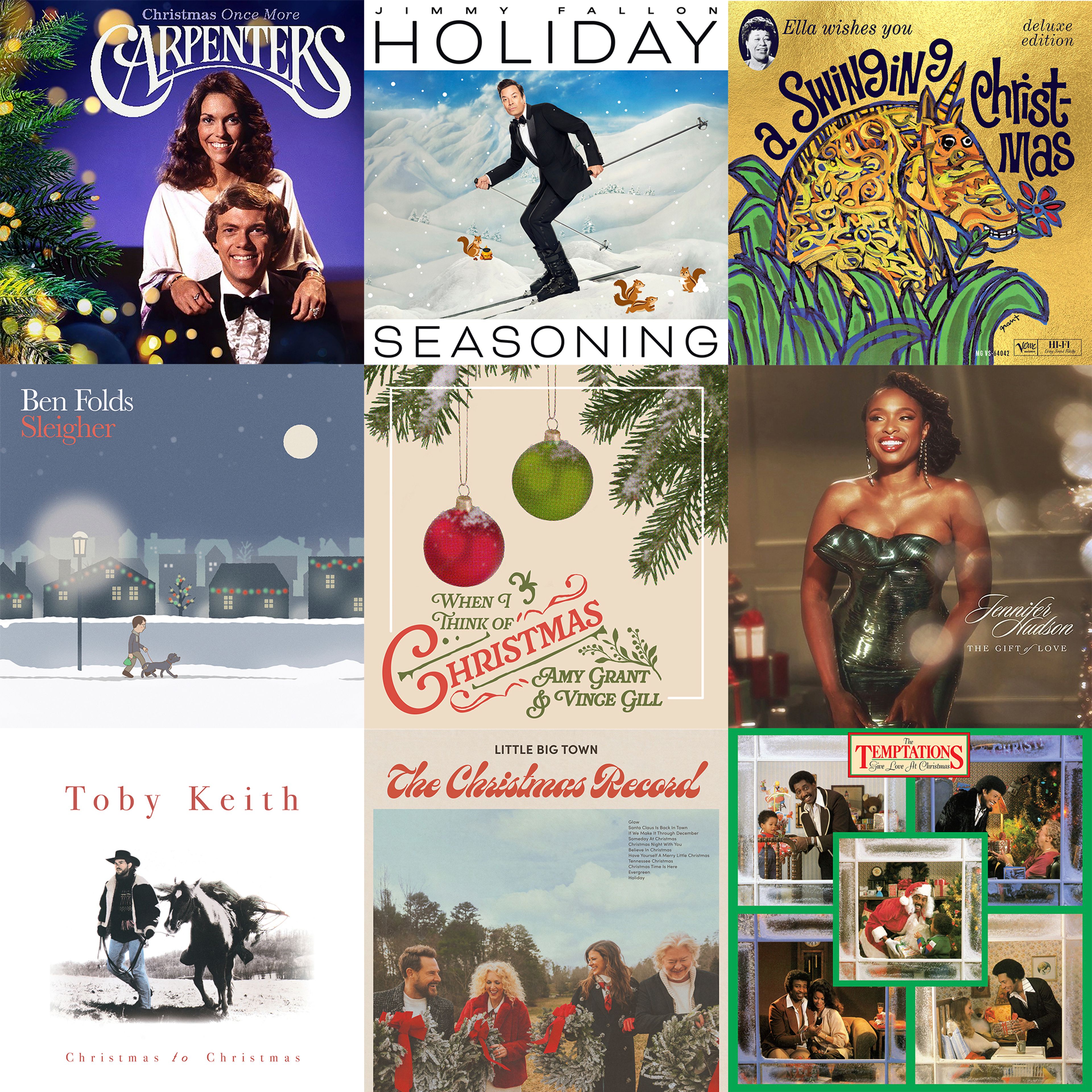 This combination of images shows holiday albums, top row from left, "Christmas Once More" by The Carpenters, "Holiday Seasoning" by Jimmy Fallon, “Ella & Louis Wish You A Swinging Christmas” by Ella Fitzgerald, second row from left, "Sleigher" by Ben Folds, "When I Think of Christmas" by Amy Grant and Vince Gill, "The Gift of Love" by Jennifer Hudson, bottom row from left, “Christmas to Christmas," by Toby Keith, “The Christmas Record” by Little Big Town, and "Give Love At Christmas” by The Temptations. (A&M/UMG Recording, Republic, Verve, New West Records, MCA Nashville, Interscope, Mercury Nashville/UMG, Capitol Records Nashville, Motown via AP)