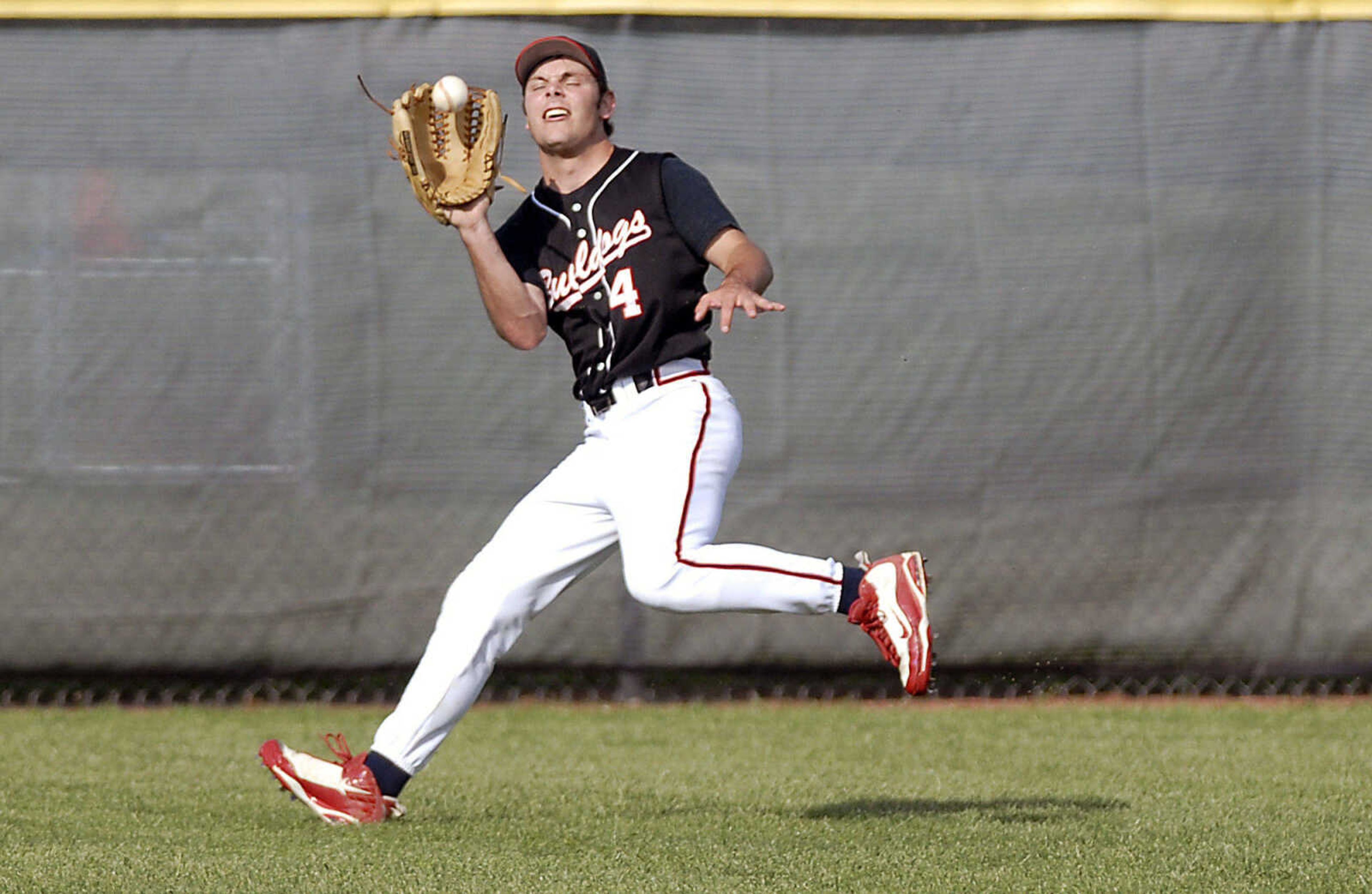 Sikeston senior center fielder Charlie Bohannon snags a pop fly Tuesday, April 28, 2009, against Notre Dame in Cape Girardeau.